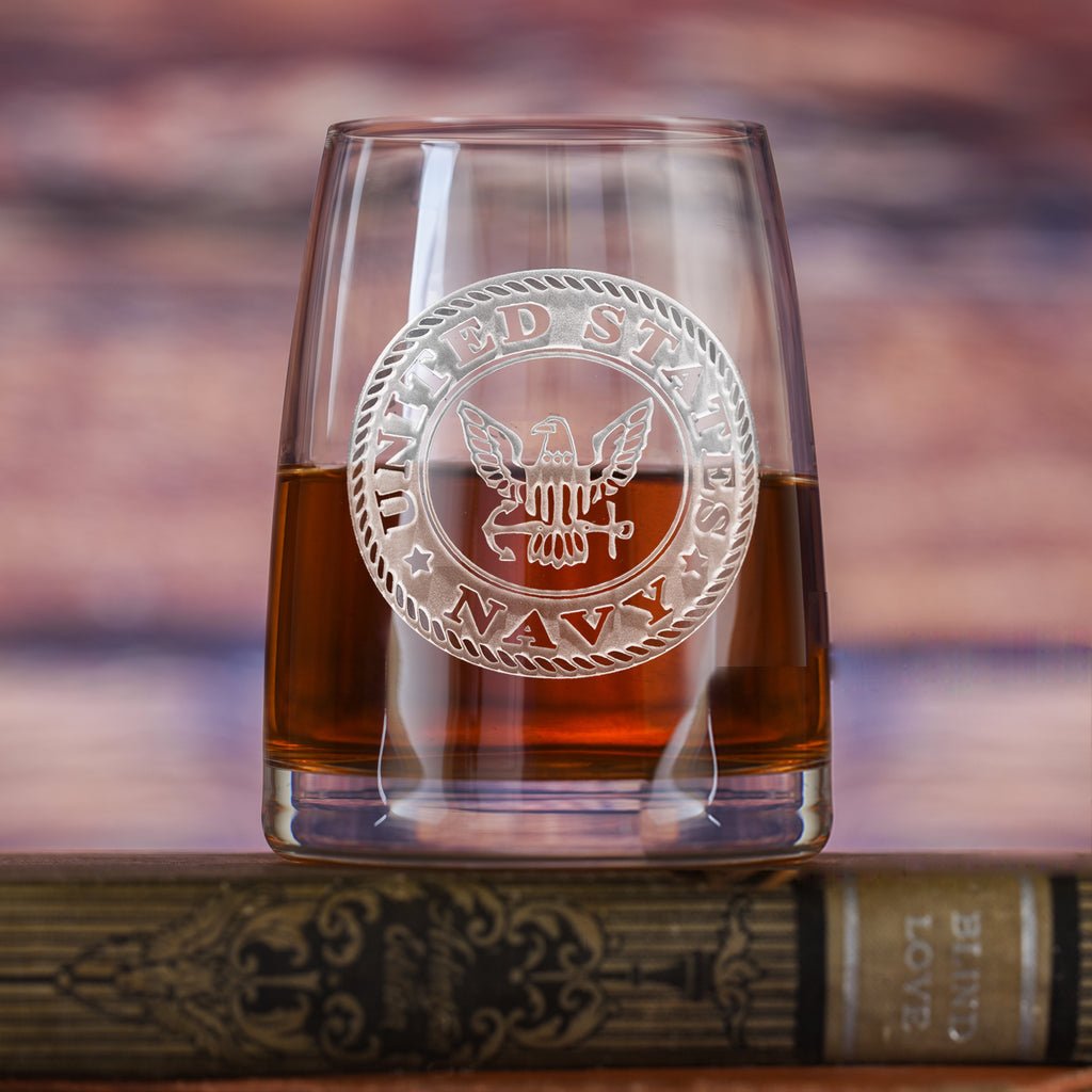 Unique Personalized Navy Stolzle Engraved Whiskey Glass Customized Barware Gifts for Men by Groovy Guy