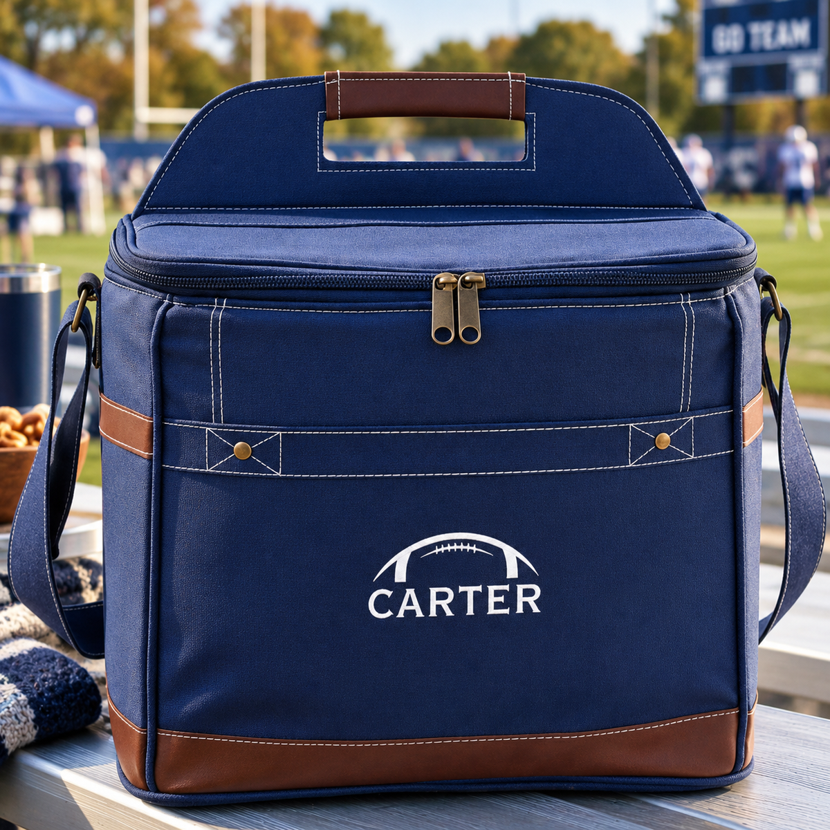 Navy canvas cooler with brown leather trim and handles, personalized with "CARTER" and a football icon, displayed at a tailgate setting.