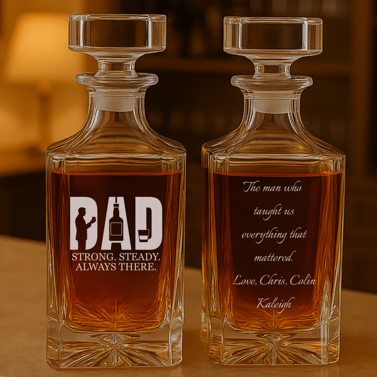 Custom engraved whiskey decanter for Dad with “Strong. Steady. Always There.” design and personal message on the back