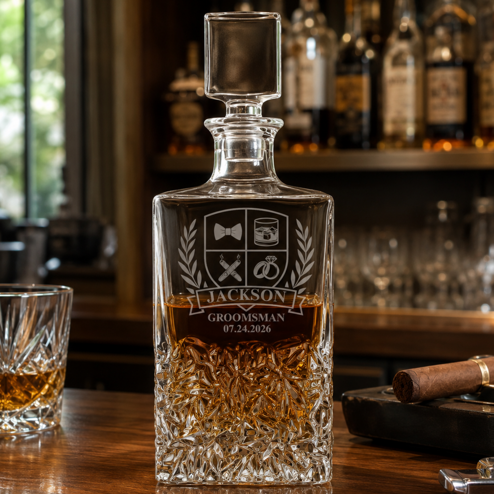 Engraved crystal whiskey decanter with sample personalization reading "Jackson Groomsman 07.24.2026" and decorative shield design, displayed on a wood bar with filled glass and cigar.