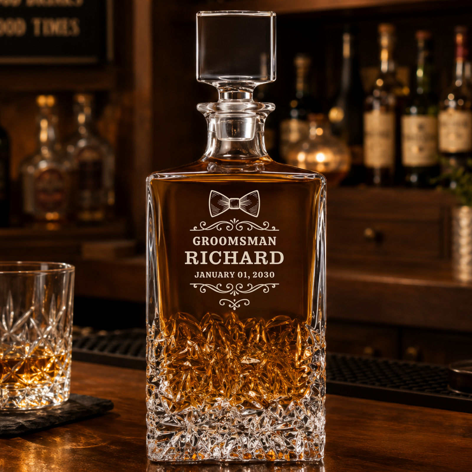 Engraved crystal whiskey decanter with sample text reading "Groomsman Richard January 01, 2030" and a bow tie design, filled with whiskey and positioned on a bar counter.