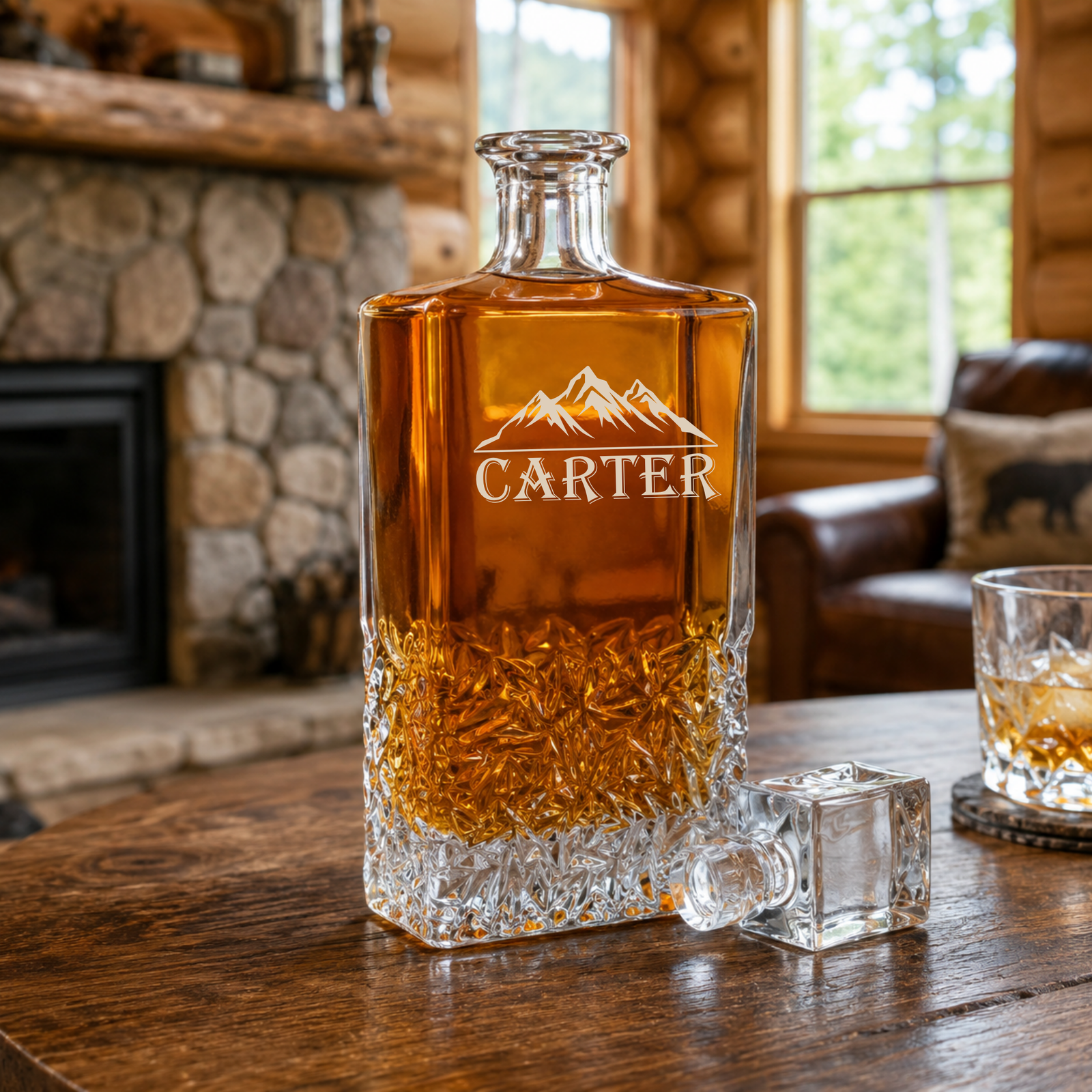 Engraved crystal whiskey decanter with "CARTER" name and mountain design, filled with amber liquid, displayed on wooden table with matching glass and ice cube.