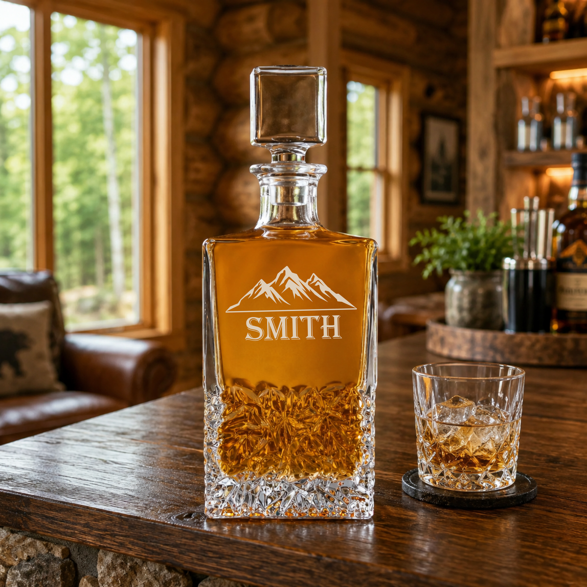 Engraved whiskey decanter with mountain and "SMITH" sample personalization, filled with amber liquid, displayed with matching rocks glass on wooden table in cabin setting
