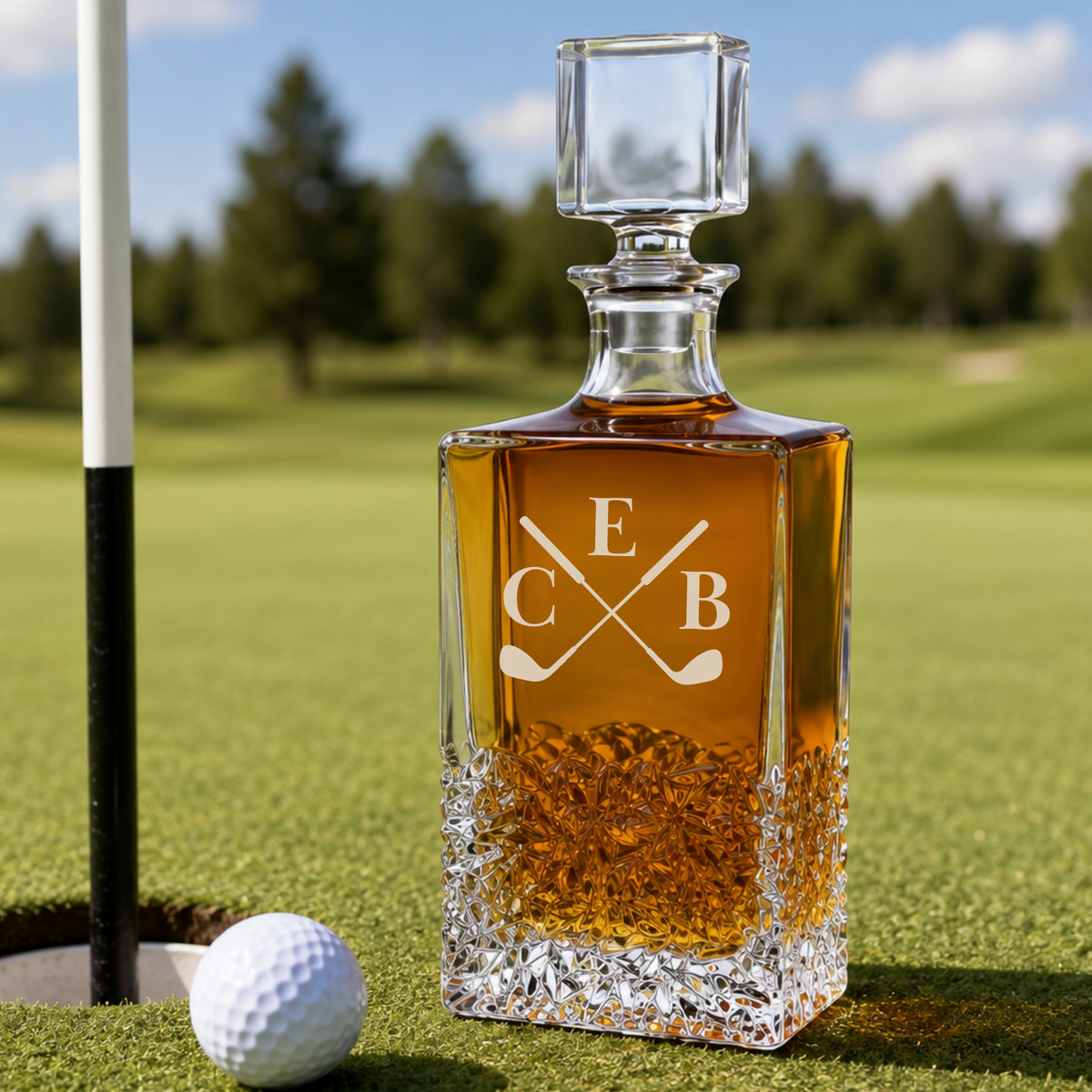 Engraved whiskey decanter with crossed golf clubs and initials CEB sample, displayed on a golf course with a golf ball and putter.
