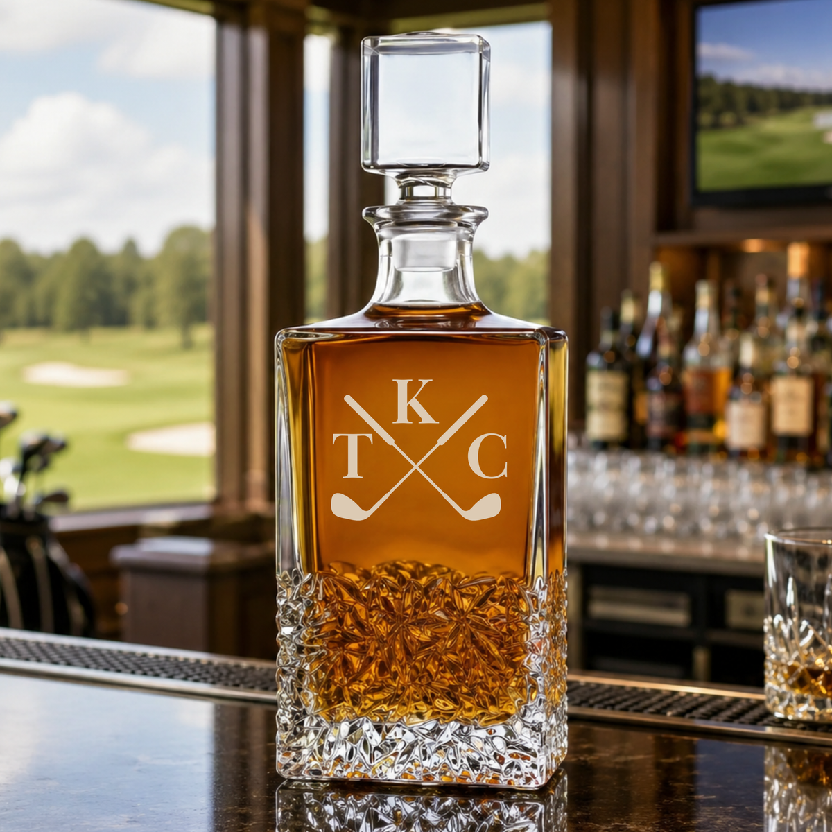 Crystal whiskey decanter with sample engraving of crossed golf clubs and initials "K T C" on front, filled with amber liquid, displayed on bar counter with golf course view through window behind it.