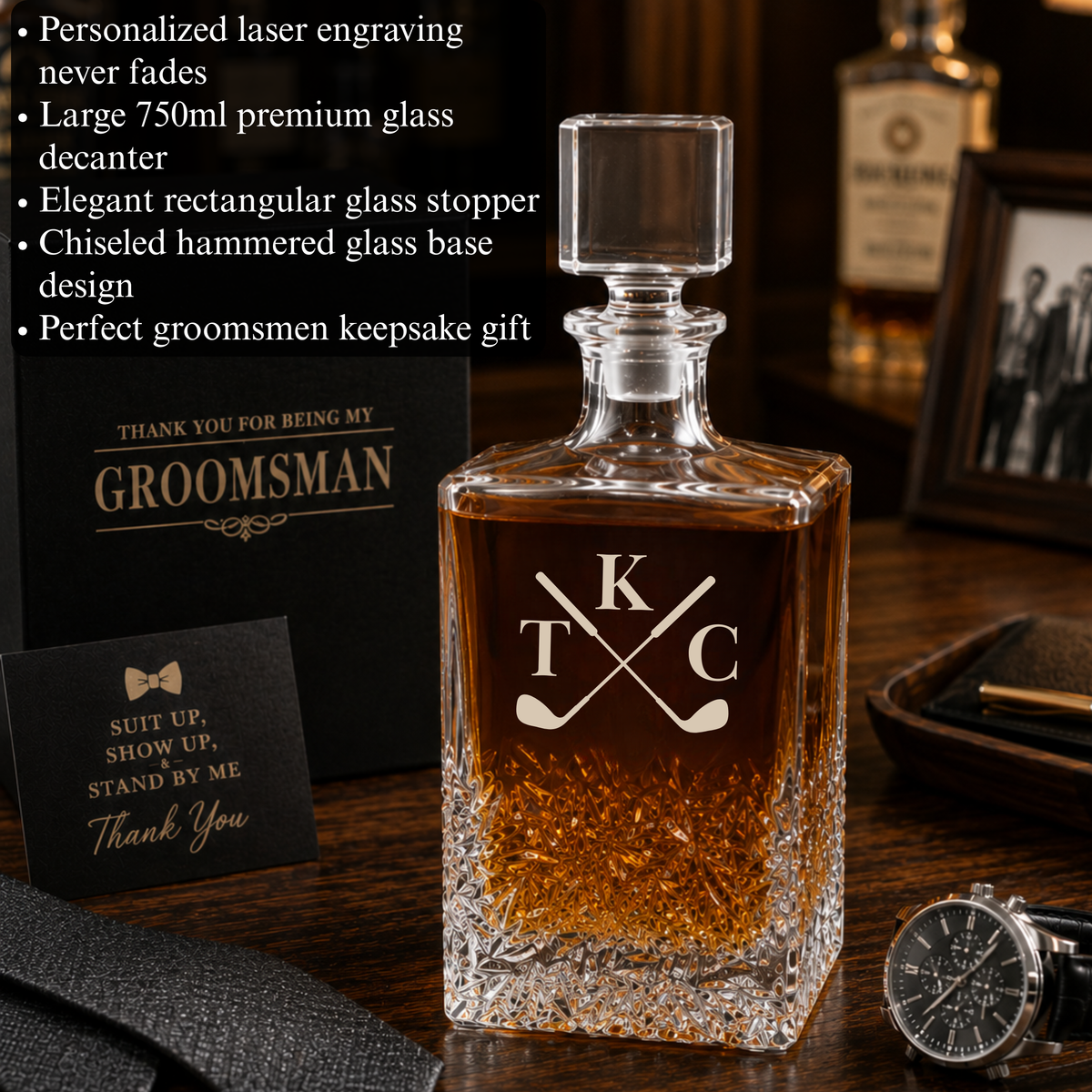 Premium glass decanter with sample engraving showing crossed golf clubs and initials K, T, C, filled with whiskey, displayed with groomsman gift cards
