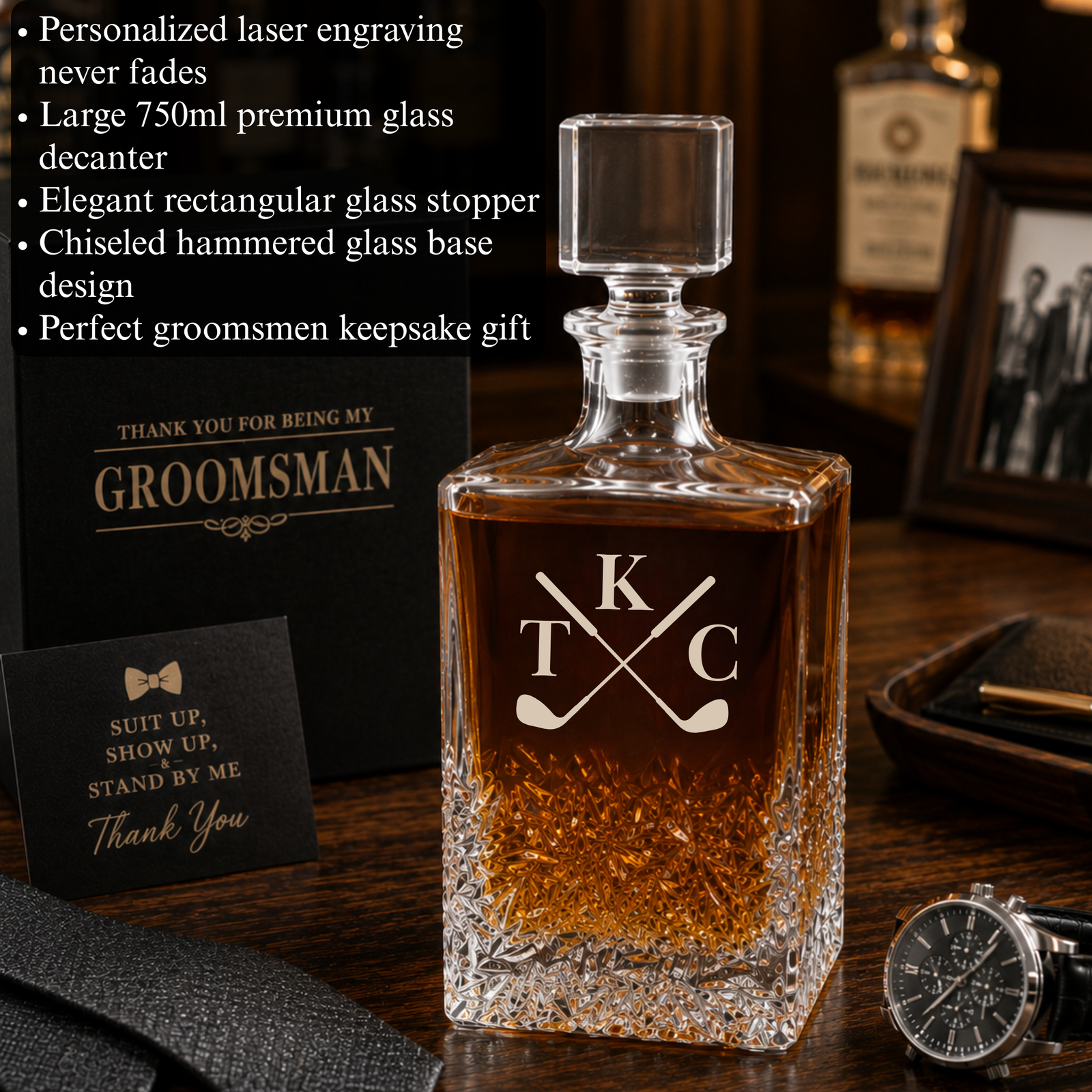 Premium glass decanter with sample engraving showing crossed golf clubs and initials K, T, C, filled with whiskey, displayed with groomsman gift cards