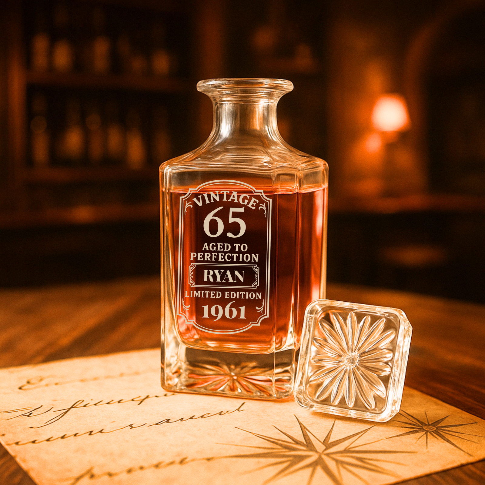 Engraved crystal decanter with sample personalization reading "Vintage 65, Aged to Perfection, Ryan, Limited Edition 1961" filled with whiskey, stopper beside it on wooden surface