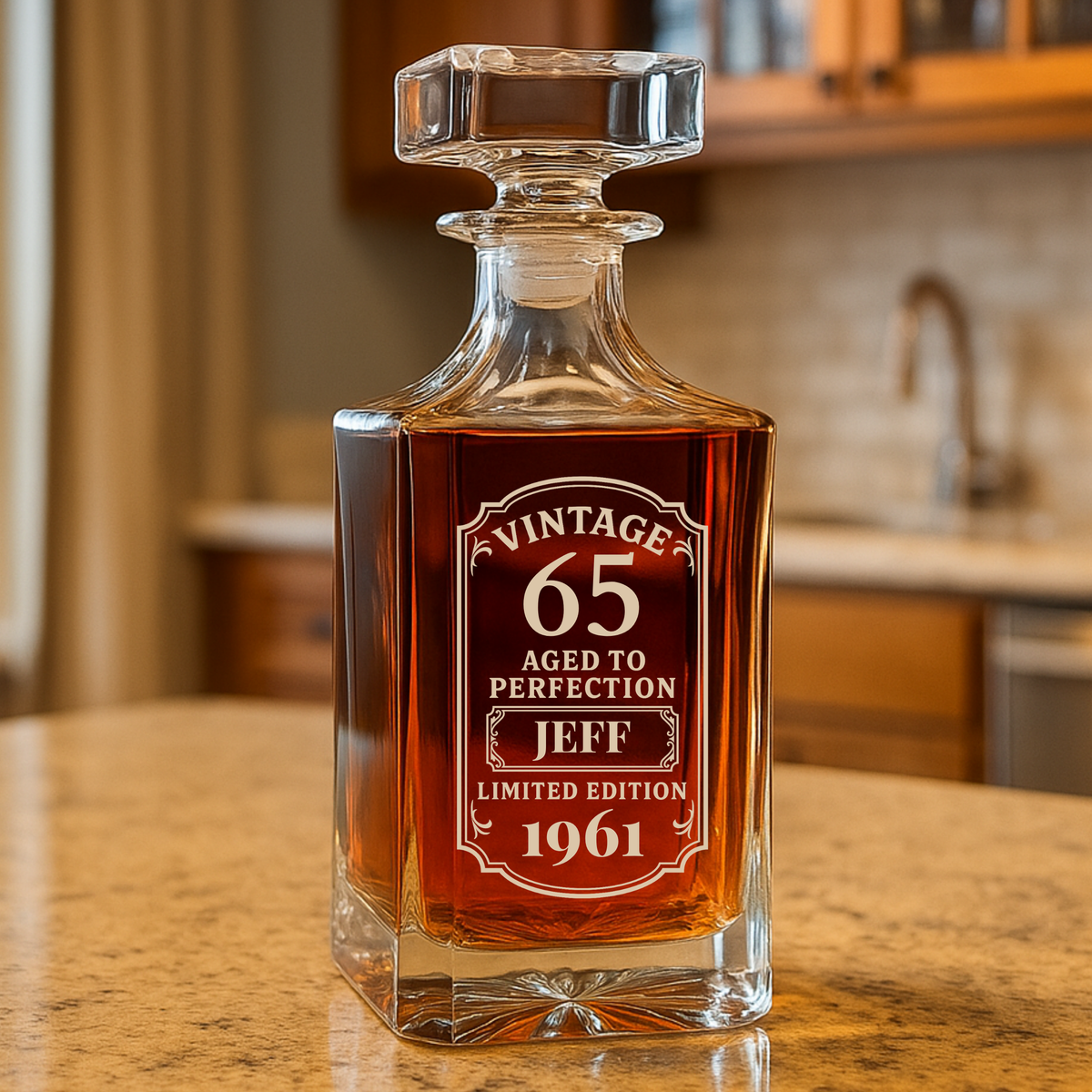 Crystal decanter with stopper filled with amber liquid, featuring engraved sample label with "Vintage 65," "Aged to Perfection," name "Jeff," and birth year "1961