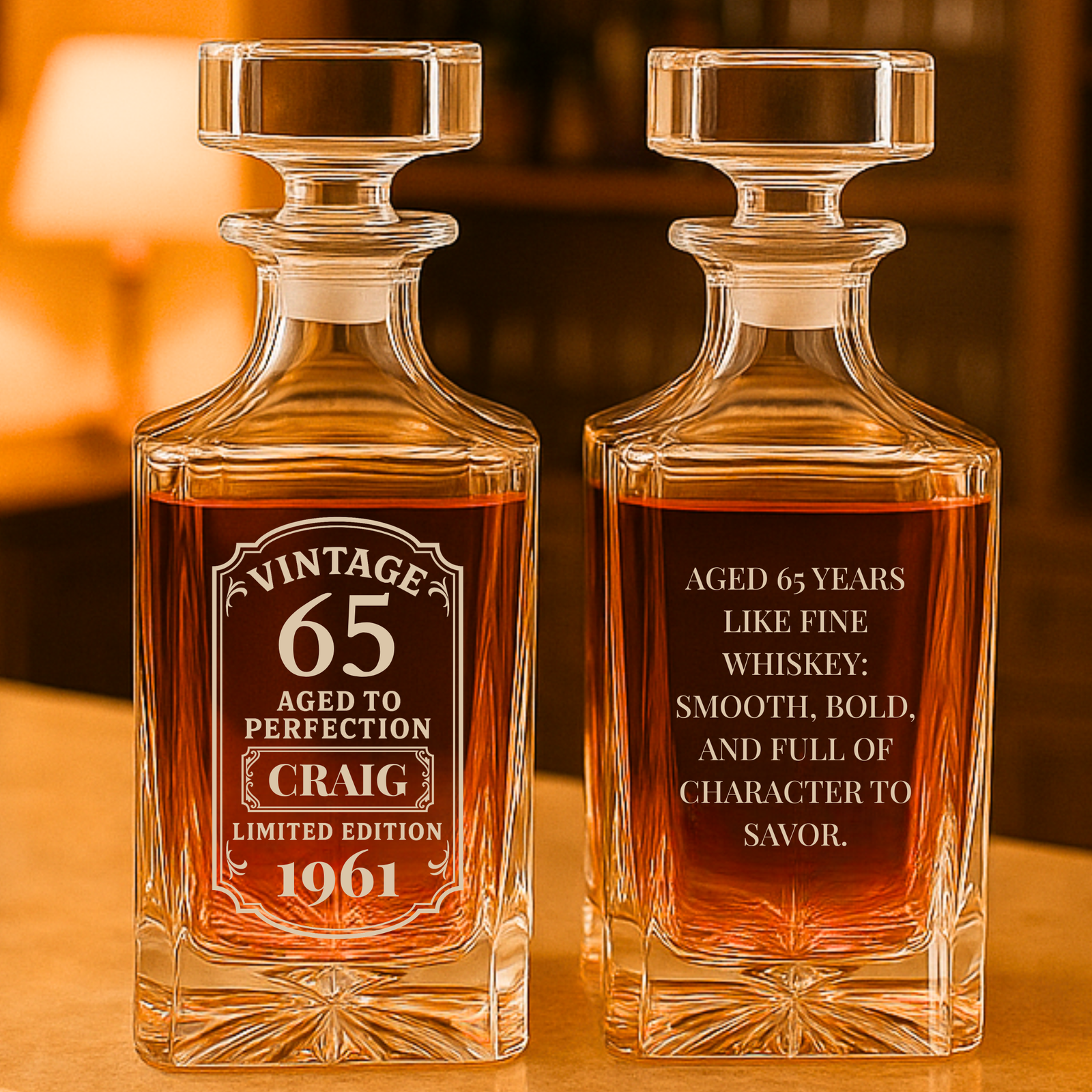 Pair of engraved crystal whiskey decanters with sample personalization showing "Vintage 65 Aged to Perfection" and birth year 1961, filled with amber whiskey.