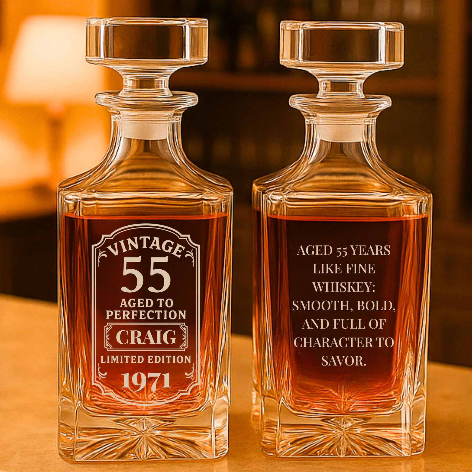 Pair of engraved whiskey decanters with sample personalization showing "Vintage 55 Aged to Perfection" and birth year 1971 on left, descriptive text on right.