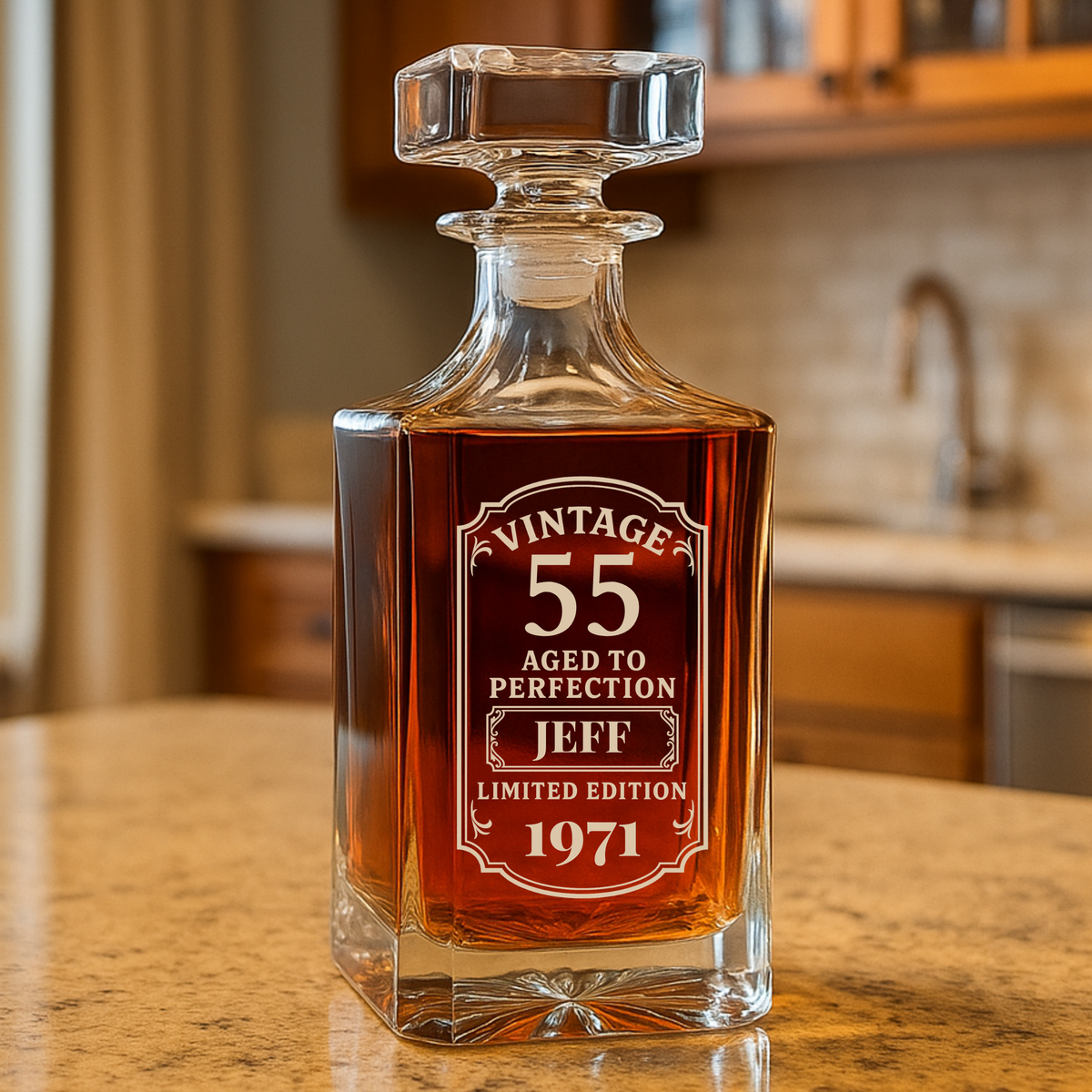 Glass decanter with stopper filled with amber liquid, featuring engraved label with sample personalization reading "Vintage 55 Aged to Perfection Jeff Limited Edition 1971
