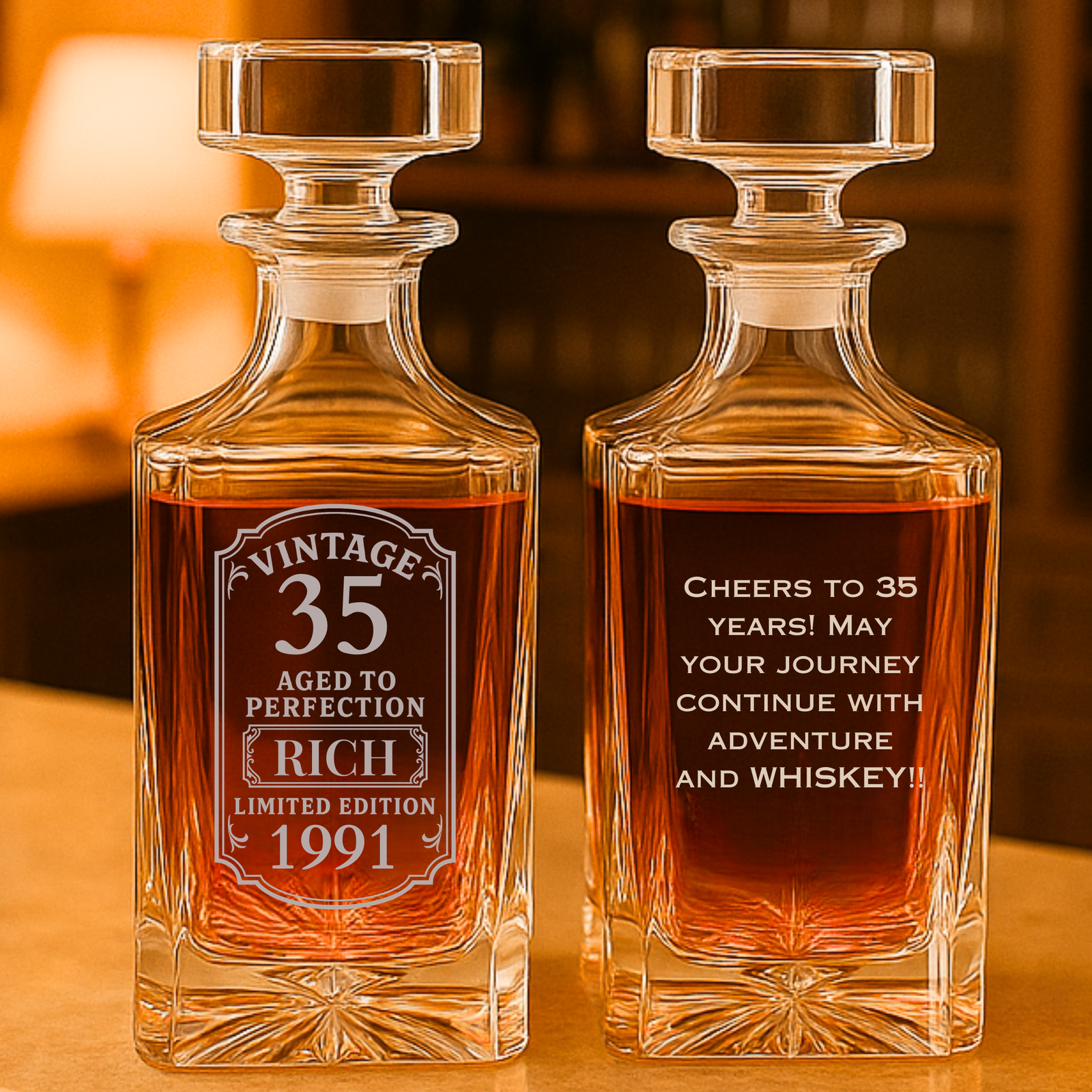 Pair of engraved whiskey decanters with sample personalization showing "Vintage 35 Aged to Perfection" and birthday message, filled with amber liquid