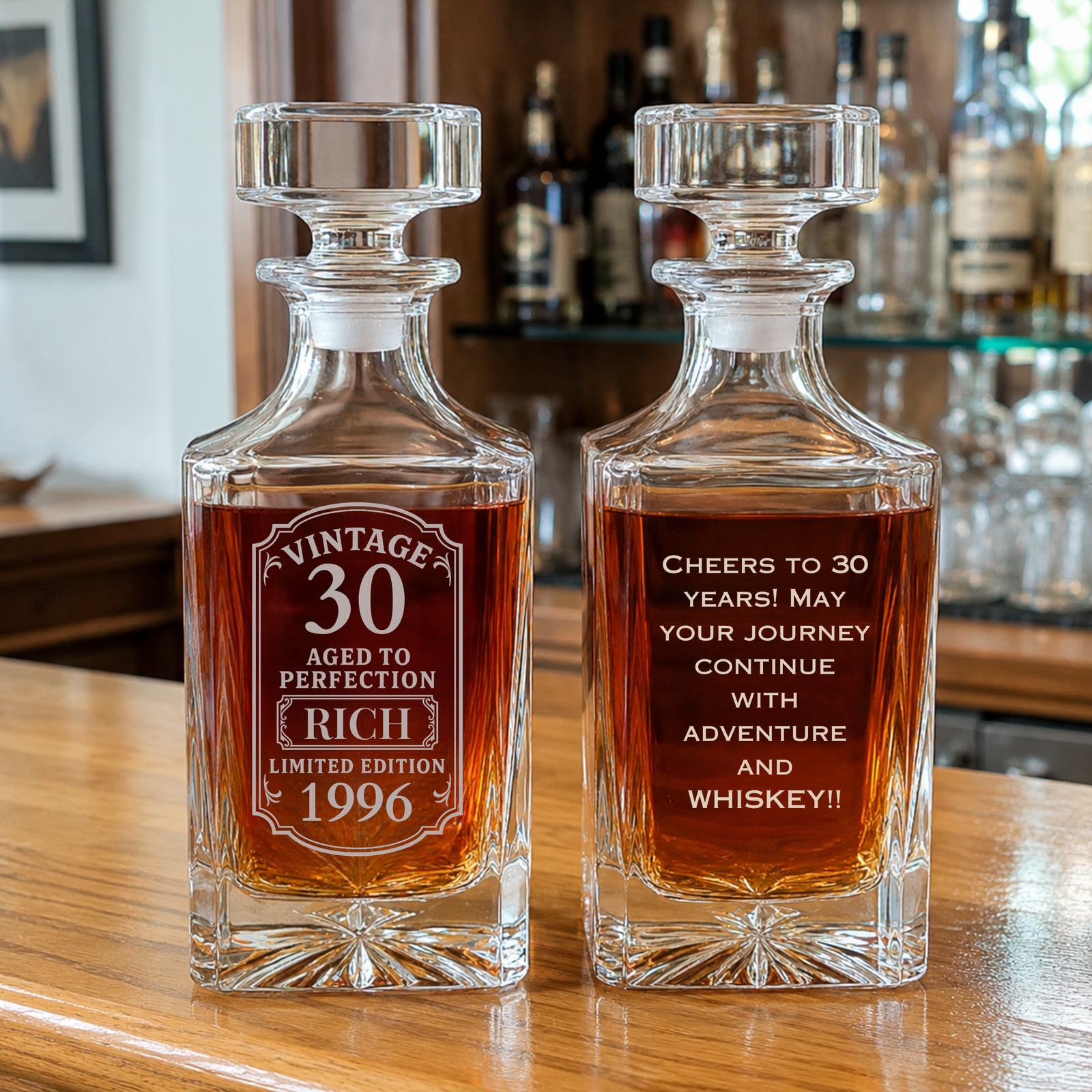 Pair of engraved crystal whiskey decanters with sample personalization showing "Vintage 30" and birthday message with name example.