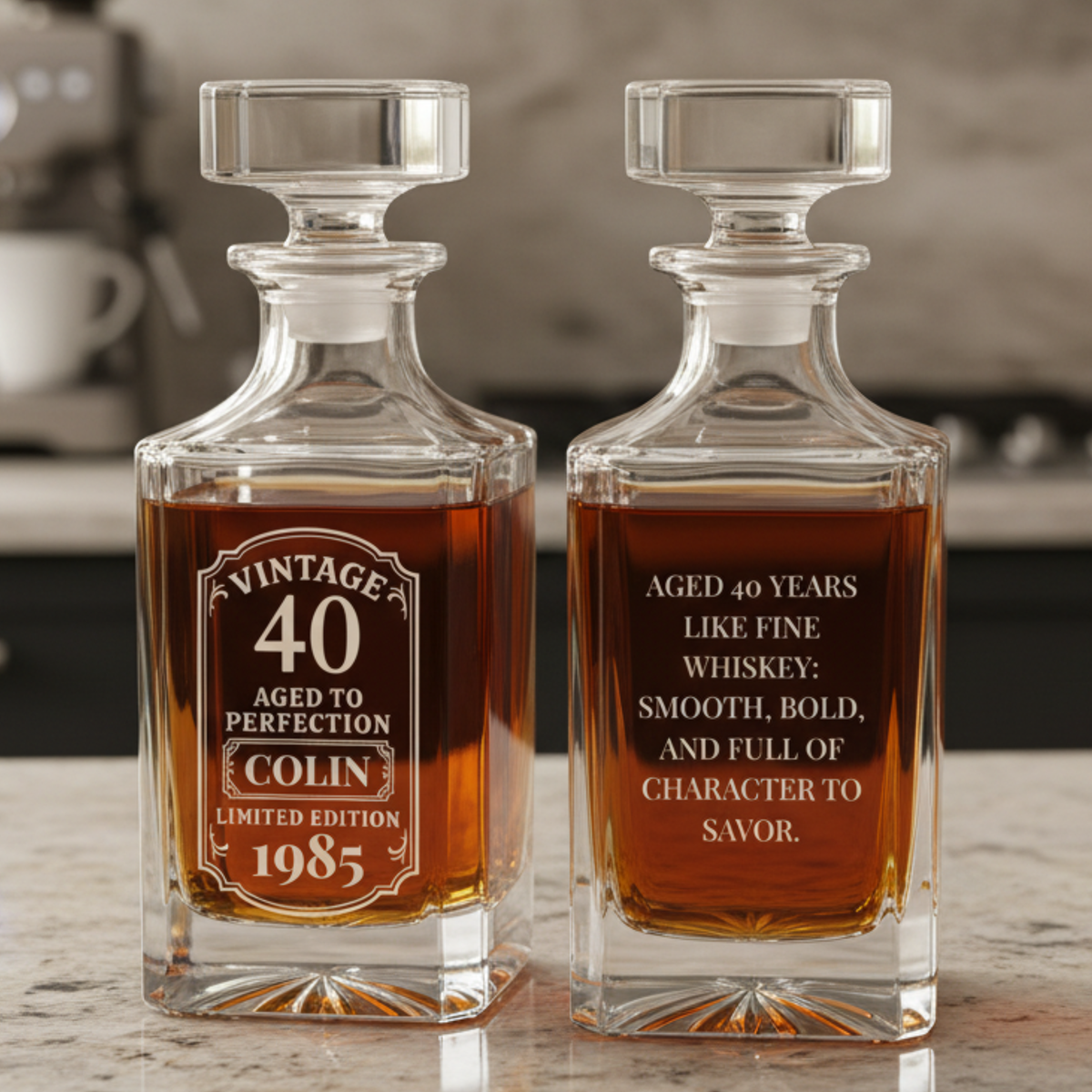 Pair of crystal whiskey decanters with stopper lids, front decanter engraved with sample personalization "Vintage 40 Aged to Perfection Colin Limited Edition 1985", back decanter showing tasting notes text, filled with amber whiskey.