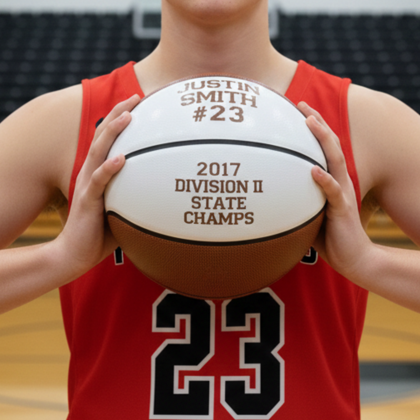 Basketball personalized with sample engraving showing player name "Justin Smith," jersey number #23, and "2017 Division II State Champs" text, held by player in red jersey on court