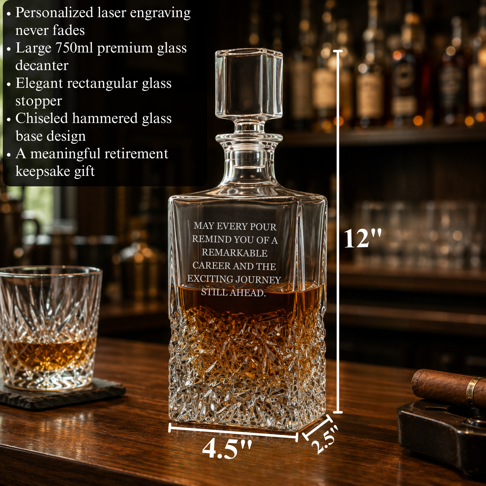 750ml crystal decanter with sample retirement engraving, rectangular stopper, and hammered glass base, displayed with whiskey and cigar on wooden surface