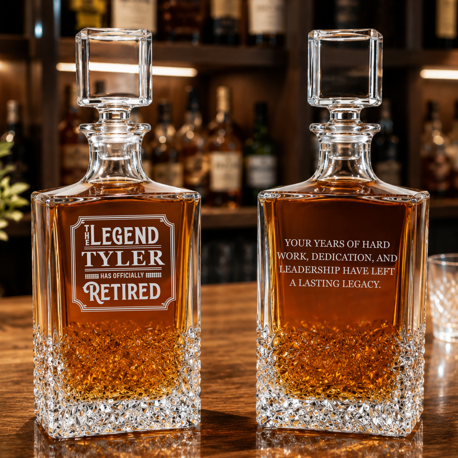 Two crystal decanters with personalized retirement engraving, one showing "The Legend Tyler Has Officially Retired" and the reverse side displaying a sample message about years of hard work and leadership legacy.