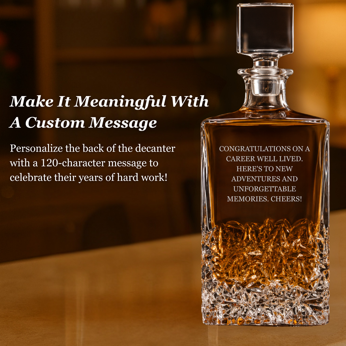 Crystal whiskey decanter with square stopper filled with amber liquor, engraved with sample retirement congratulations message on back.
