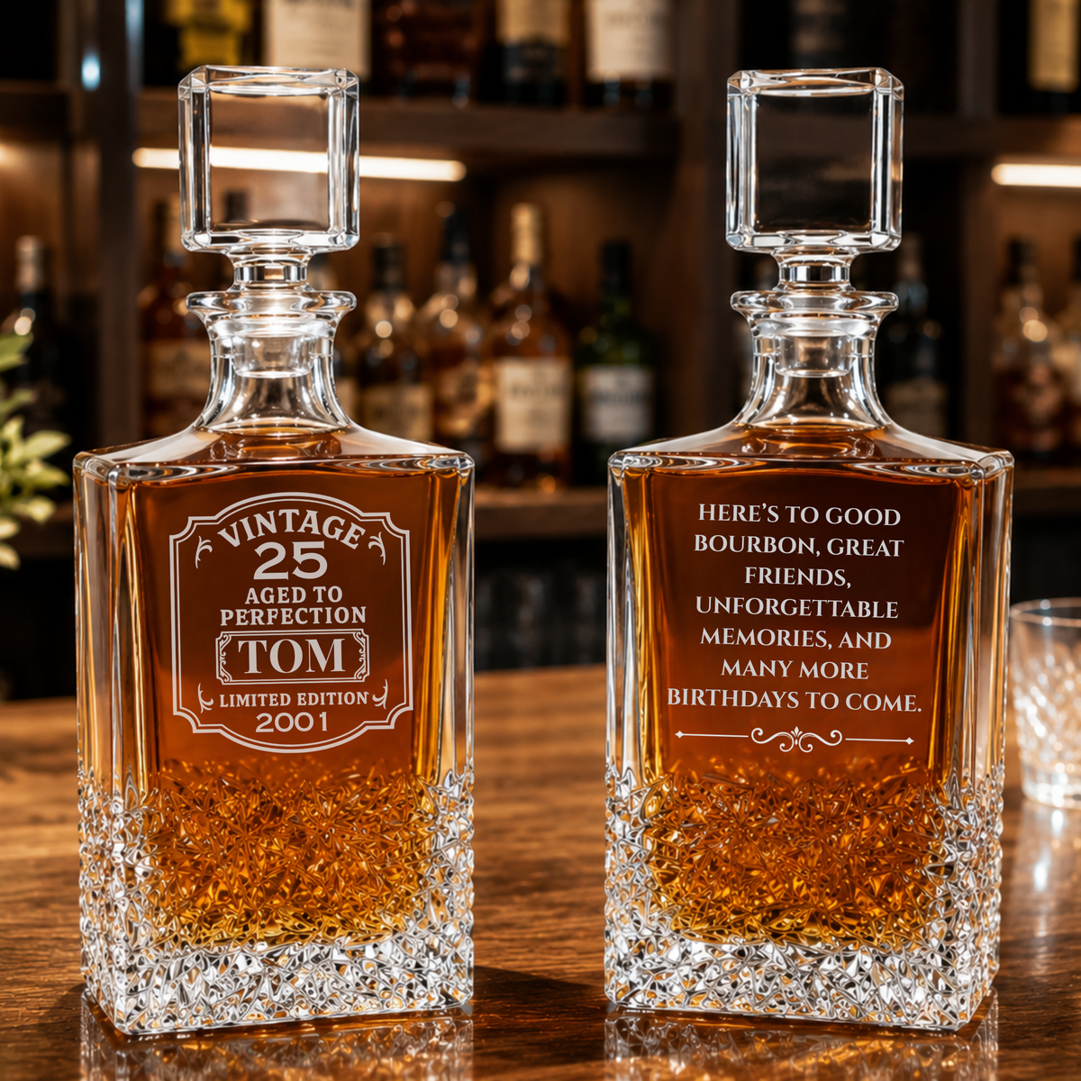 Pair of crystal decanters with square stoppers, engraved with sample milestone birthday text and dates; filled with amber liquid
