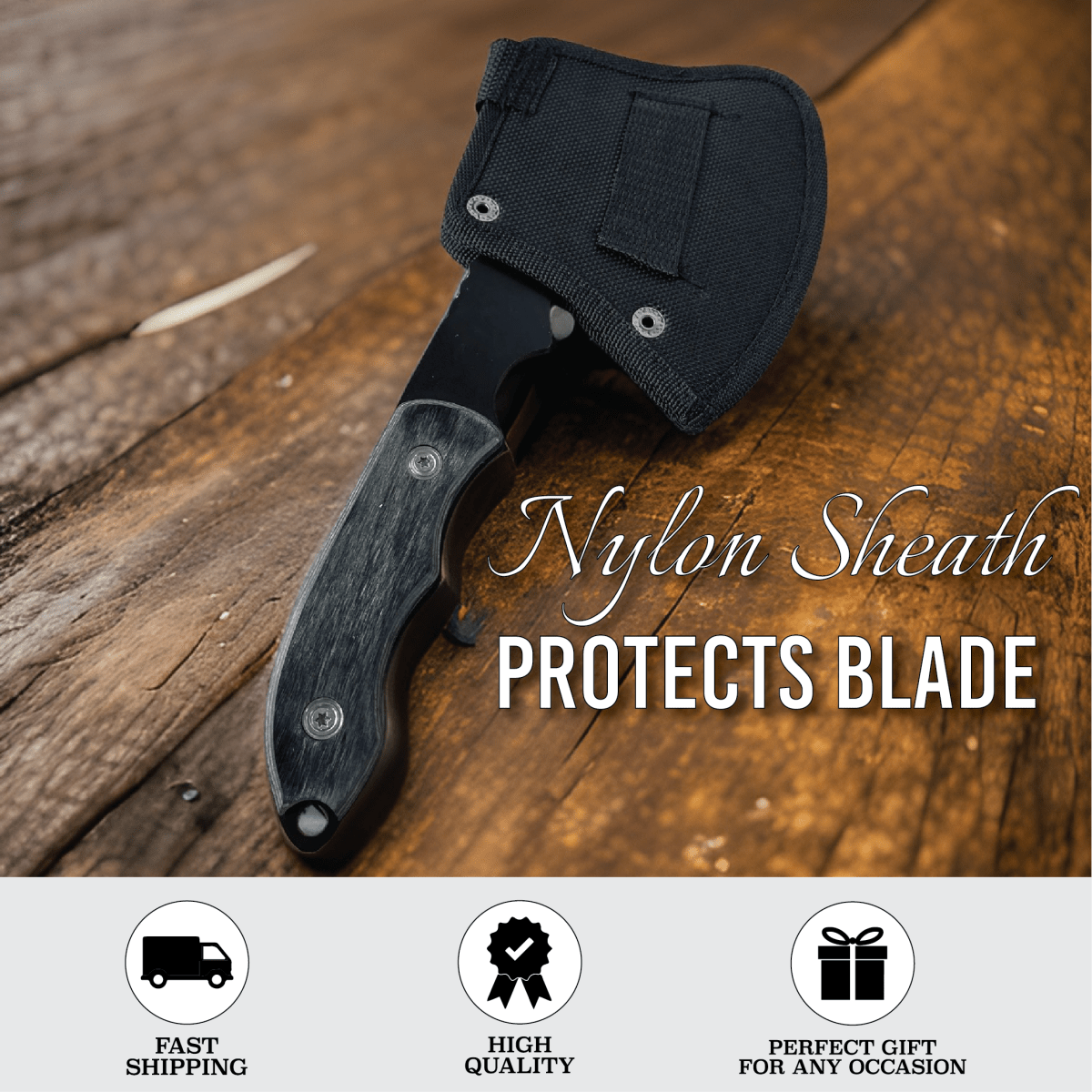 Engraved anniversary axe with high-carbon stainless steel blade, personalized wooden handle, and nylon sheath – perfect for weddings, anniversaries, or thoughtful gifts.