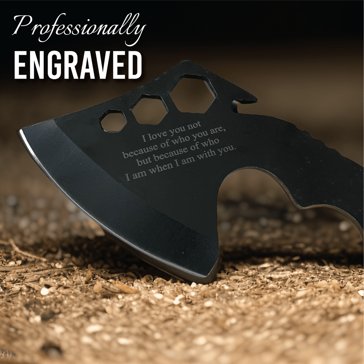 Engraved anniversary axe with high-carbon stainless steel blade, personalized wooden handle, and nylon sheath – perfect for weddings, anniversaries, or thoughtful gifts.