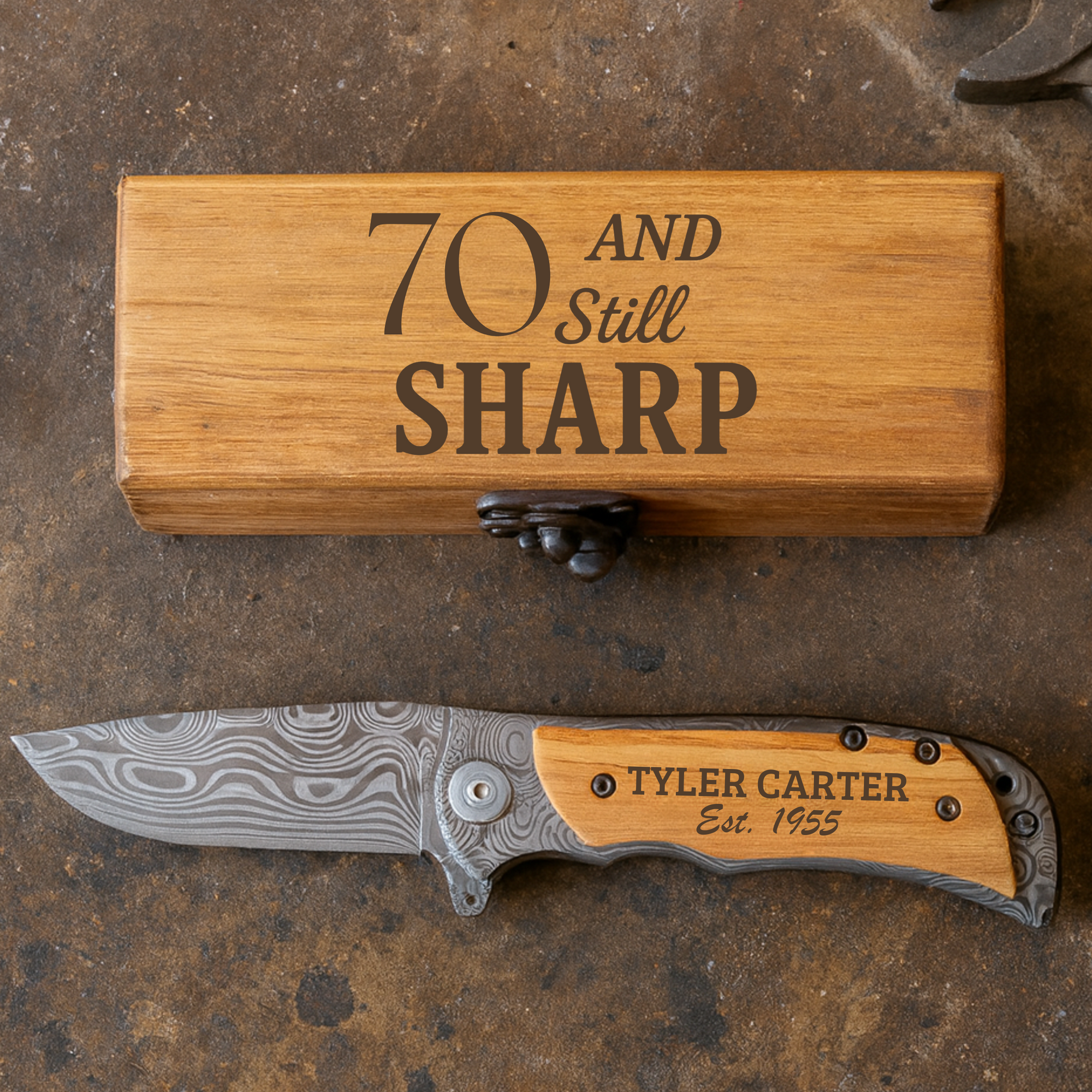 Personalized 70th birthday folding knife with engraved “Still Sharp” box