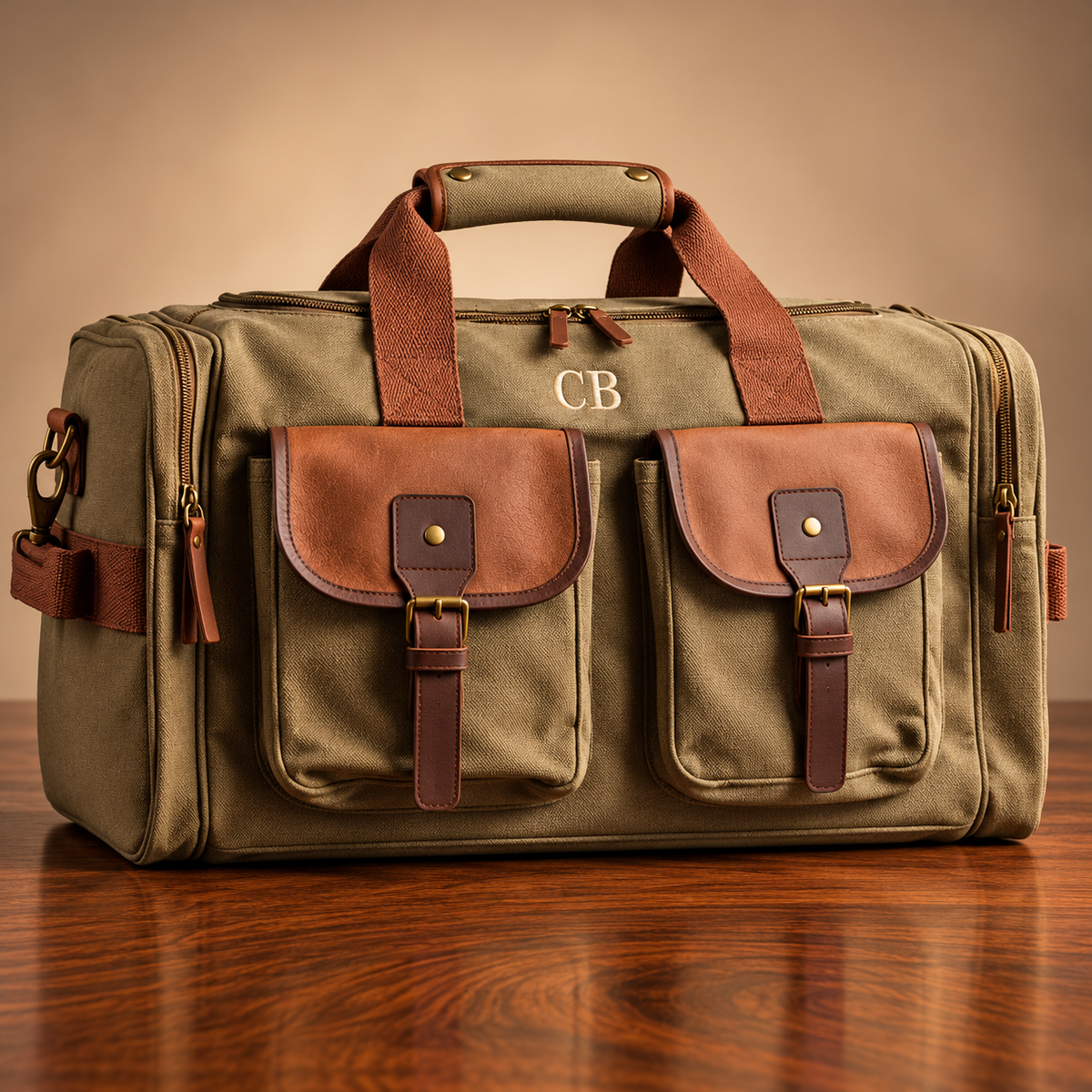 Personalized olive canvas weekender duffle with the initials CB embroidered between the handles, brown leather pocket flaps and brass buckles, on a wood table