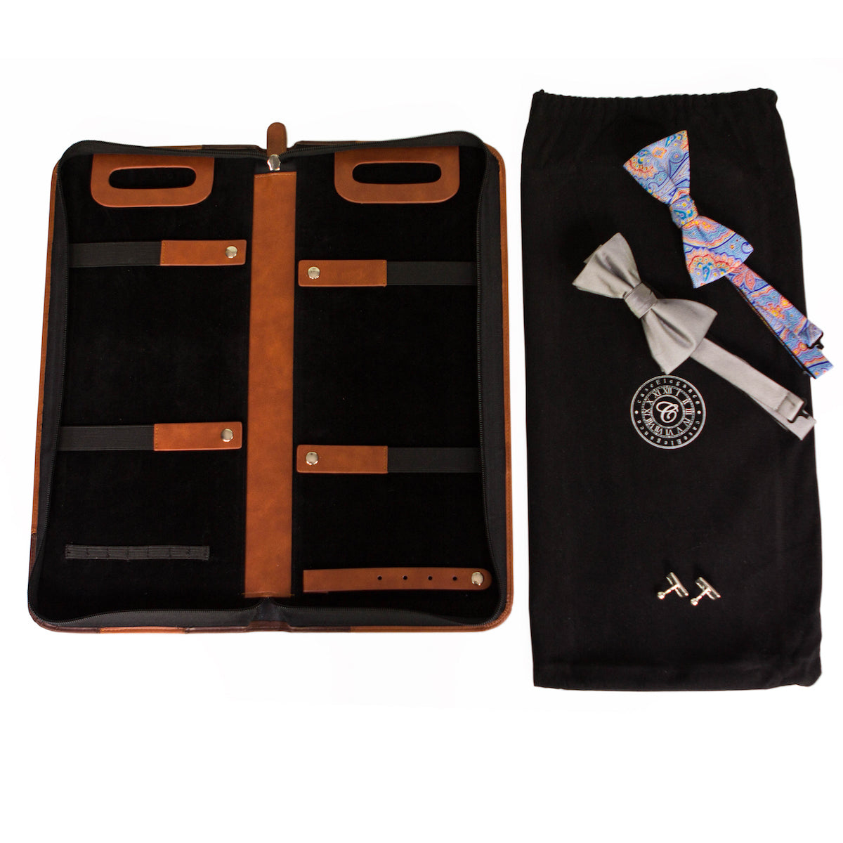 Brown vegan leather travel tie case with plush black interior, holds ties, cufflinks, and clips.