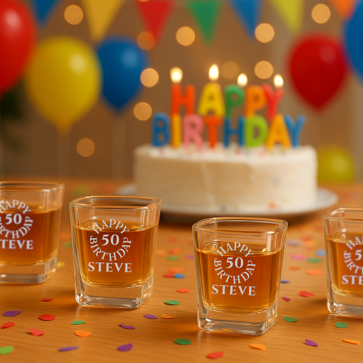 Group of personalized birthday shot glasses for party guests, customized with name and age for milestone toast
