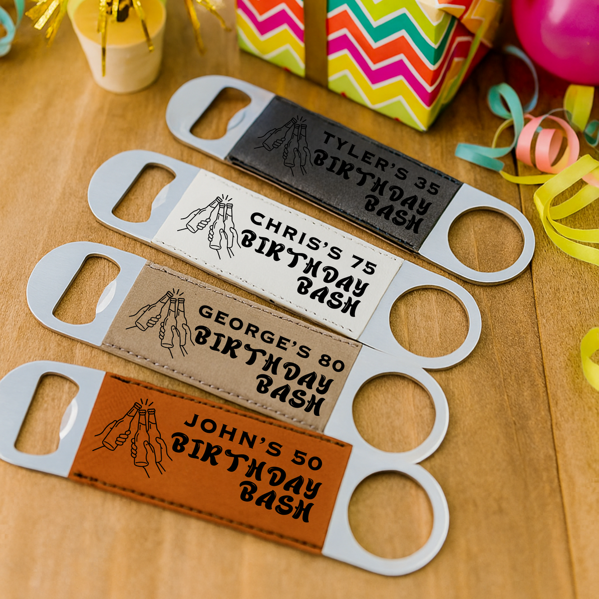 Personalized birthday party bottle opener with engraved name and age, perfect party favor for guests