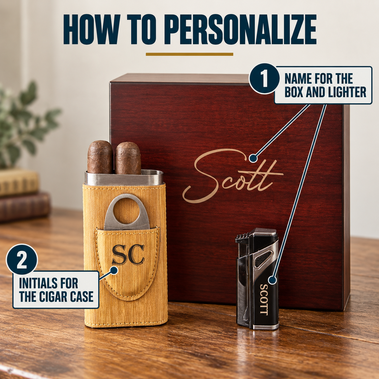 Personalized cigar gift set with wooden case engraved with "Scott", lighter engraved with "Scott", and cut-out showing light wood case with metal cigar cutter and two cigars