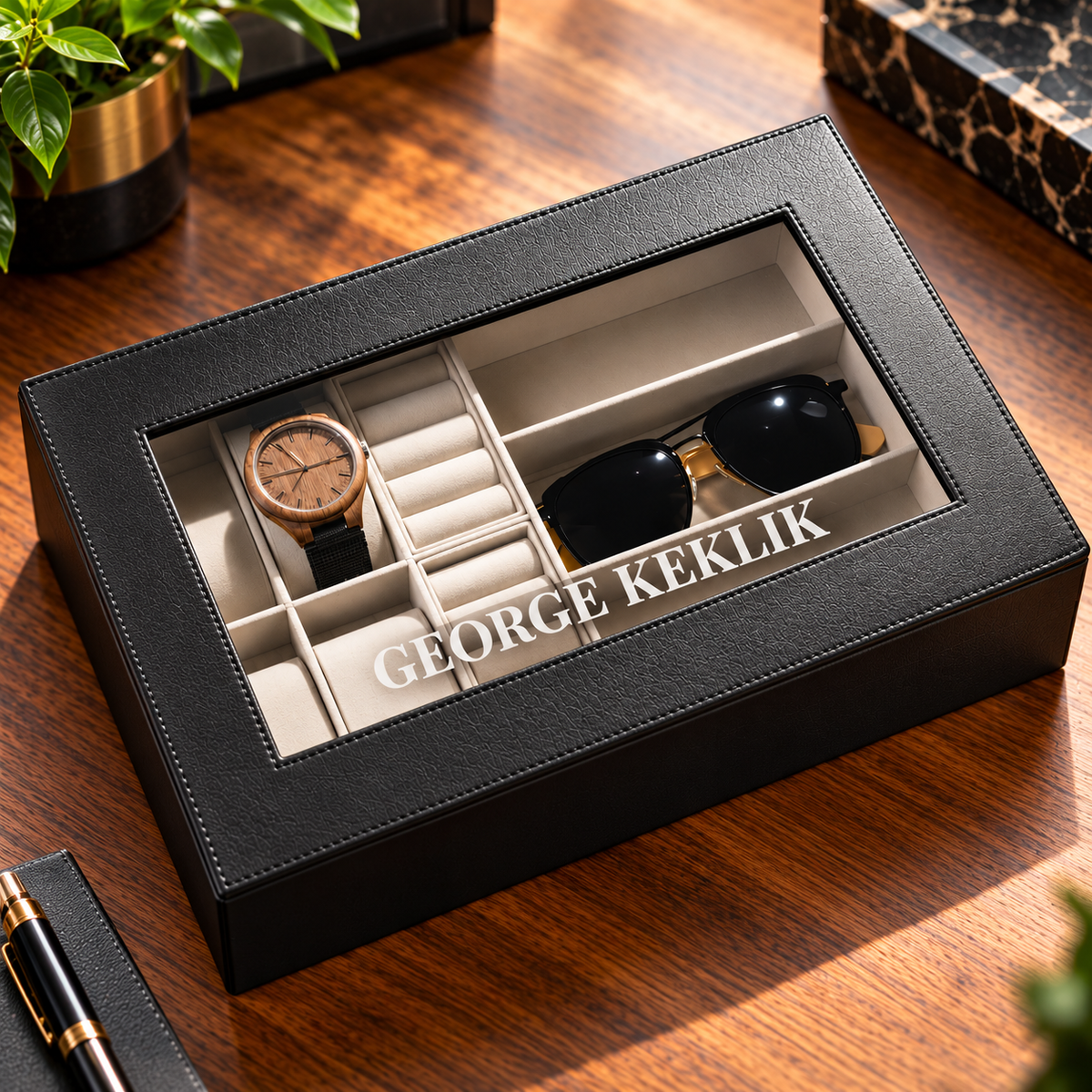 Black faux leather men's organizer box with a glass lid engraved GEORGE KEKLIK, a wood watch and sunglasses inside, on a walnut desk