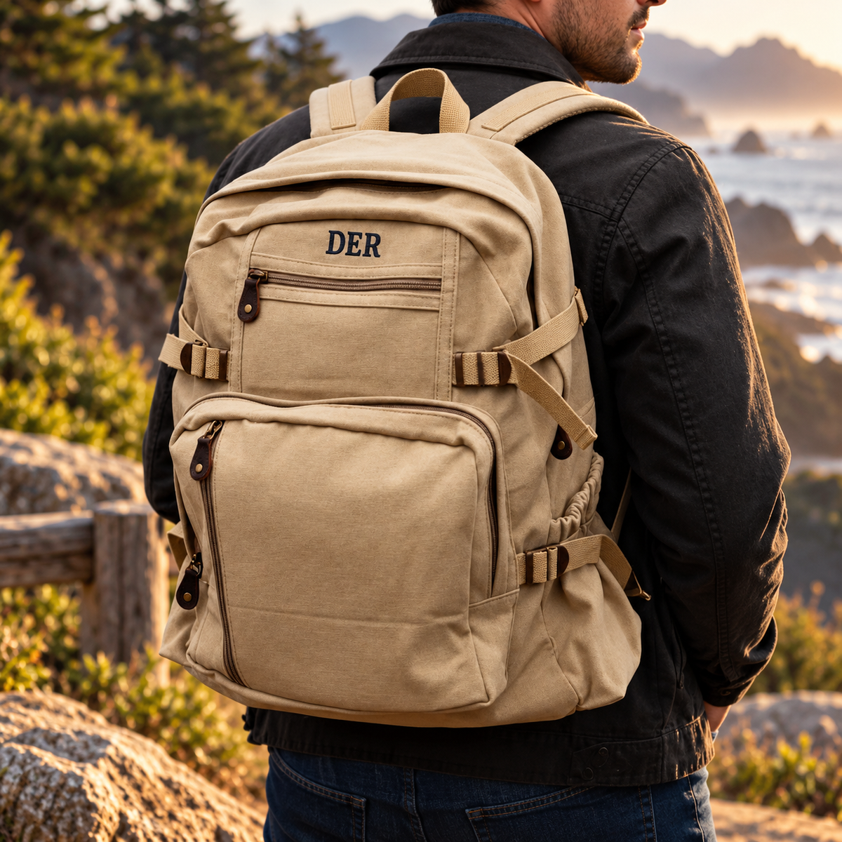 Cream canvas backpack worn by man outdoors, embroidered with sample initials "DER" on front flap, showing multiple pockets and padded straps
