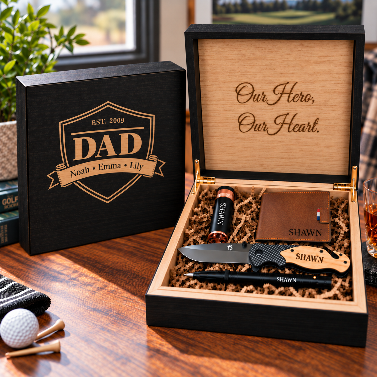 A personalized wooden gift box set displayed on a wooden table, featuring a closed black box with a gold shield emblem and an open wooden box containing a knife, pen, wallet, and small bottle, all engraved with the name 'SHAWN'.
