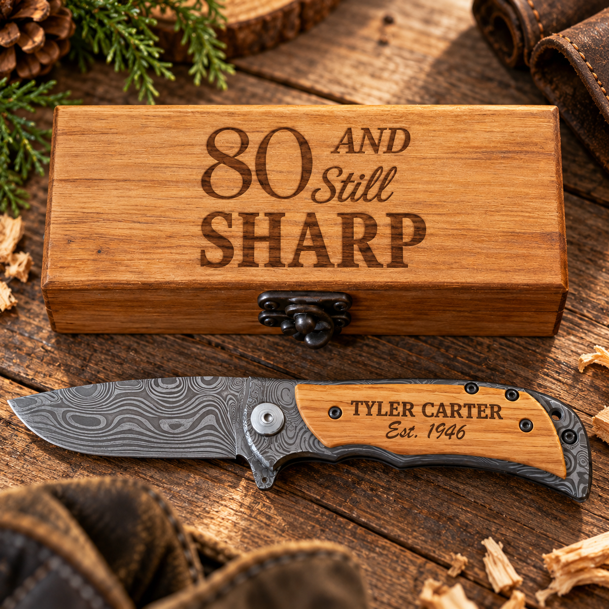 Wooden gift box engraved 80 AND Still SHARP above a damascus-style folding knife with sample name Tyler Carter Est. 1946, an 80th birthday gift for men
