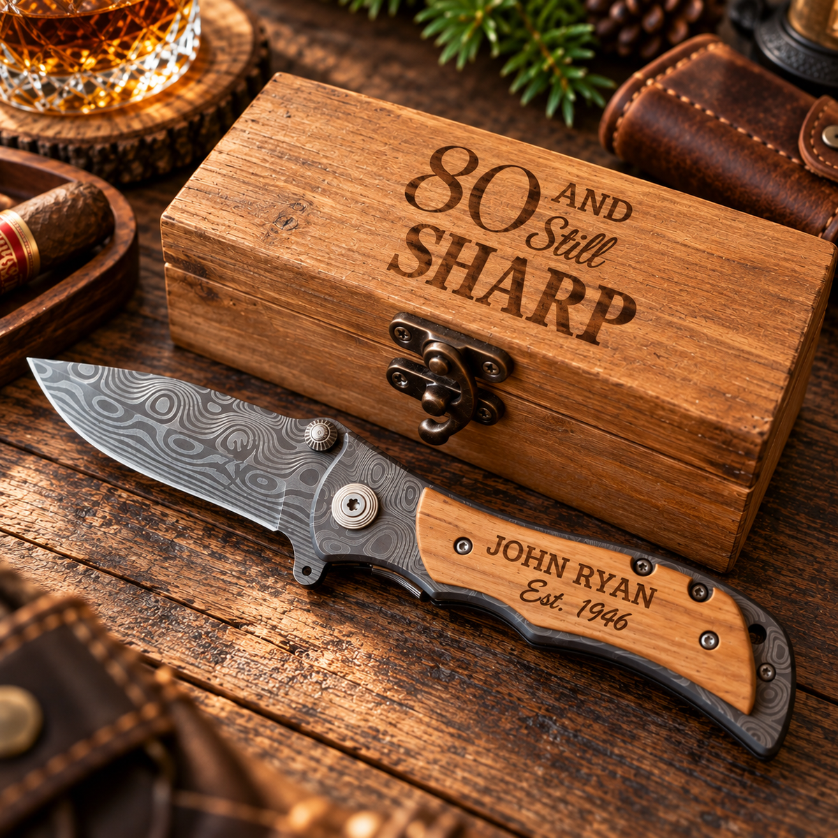 Engraved 80 and Still Sharp keepsake box on a rustic wood table beside a personalized folding knife reading John Ryan Est. 1946 on its wood handle