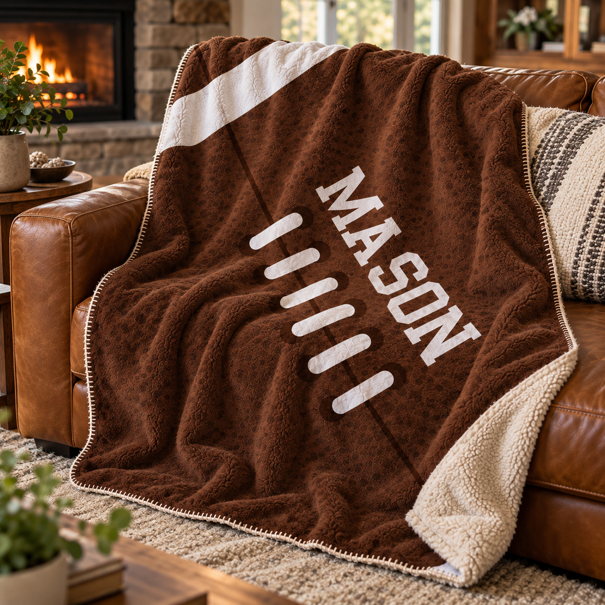 Custom football blanket in brown with white laces and the name Mason, draped over a leather couch beside a fireplace