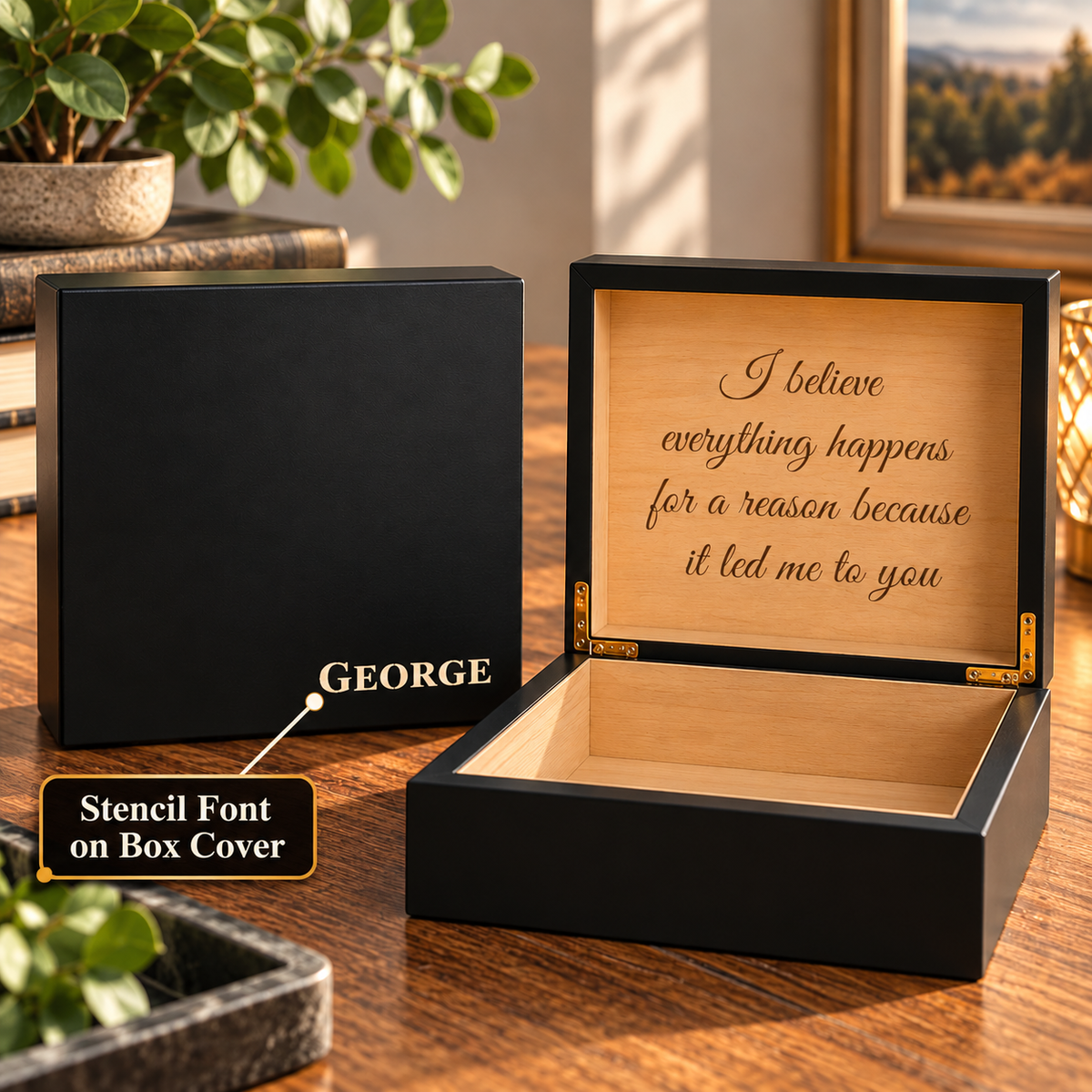 Black men's keepsake box with GEORGE engraved in capital letters on the lid, beside an open black box with a script message engraved inside the lid
