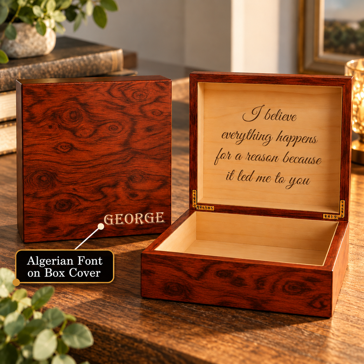 Burl wood personalized keepsake box with GEORGE engraved in Algerian lettering on the lid, beside an open burl box with a script message inside the lid