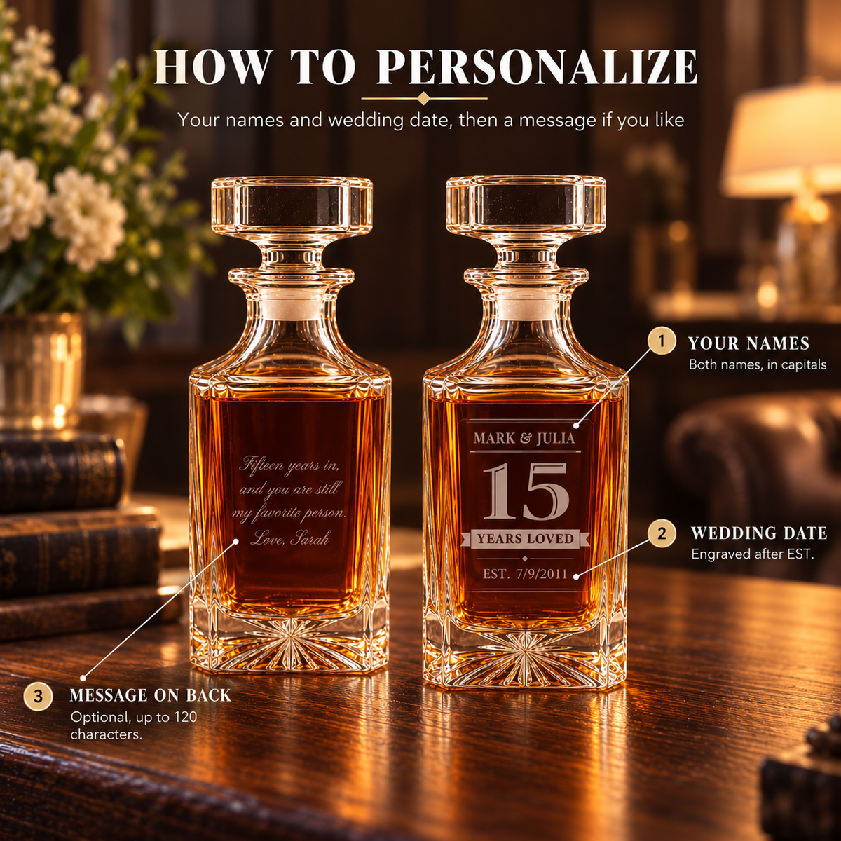 How to personalize the 15th anniversary decanter for him: both your names, your wedding date engraved after EST., and an optional message on the back