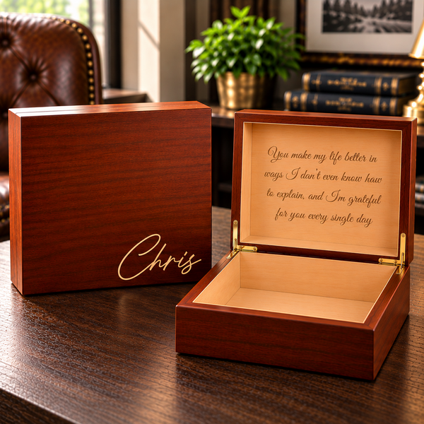 Dark wood keepsake box with engraved name "Chris" on closed lid and sample heartfelt message on inside lid, displayed open and closed