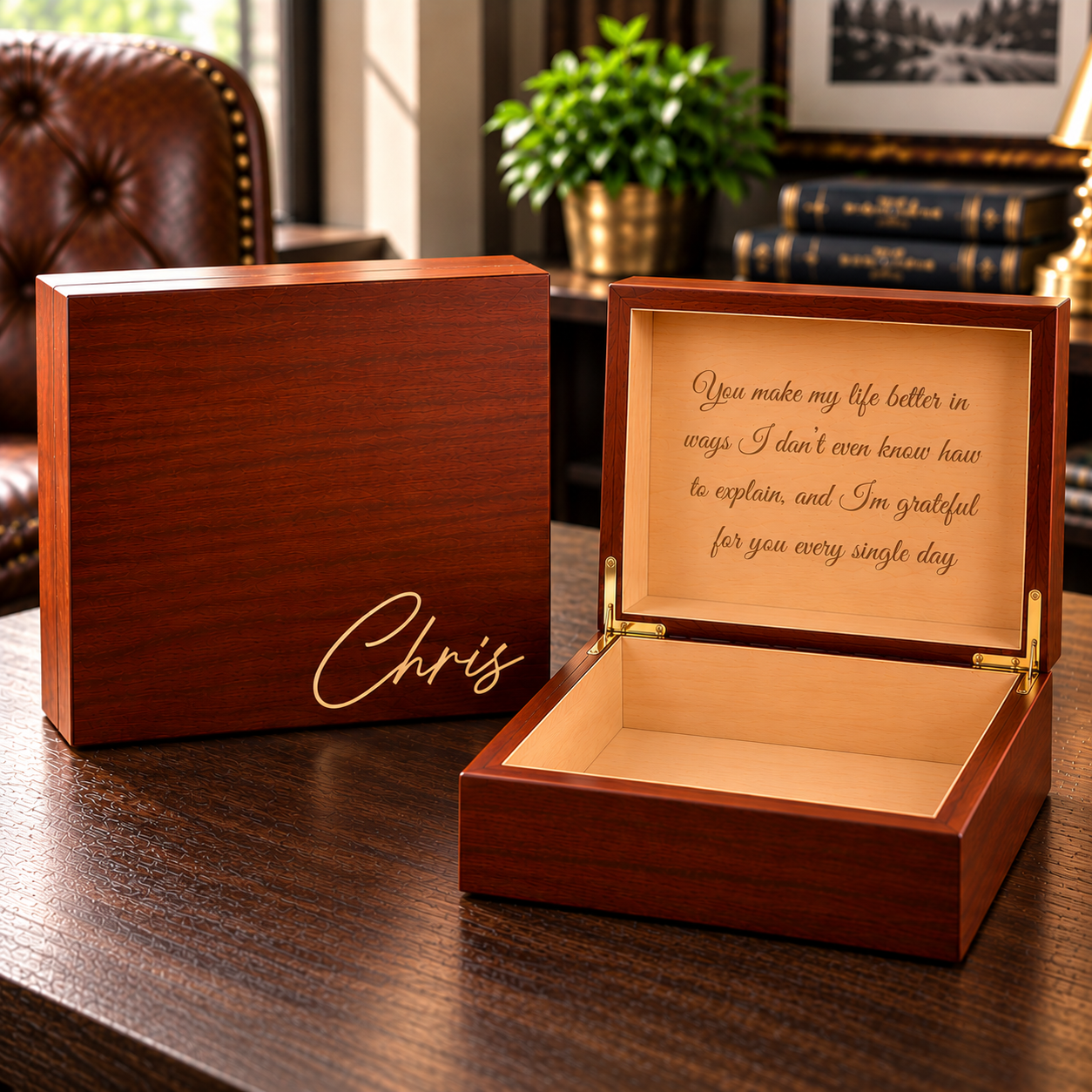 Dark wood box set with open lid revealing light wood interior, engraved with sample message "You make my life better in ways I don't even know how to explain, and I'm grateful for you every single day," and matching closed box with sample engraving "Chris