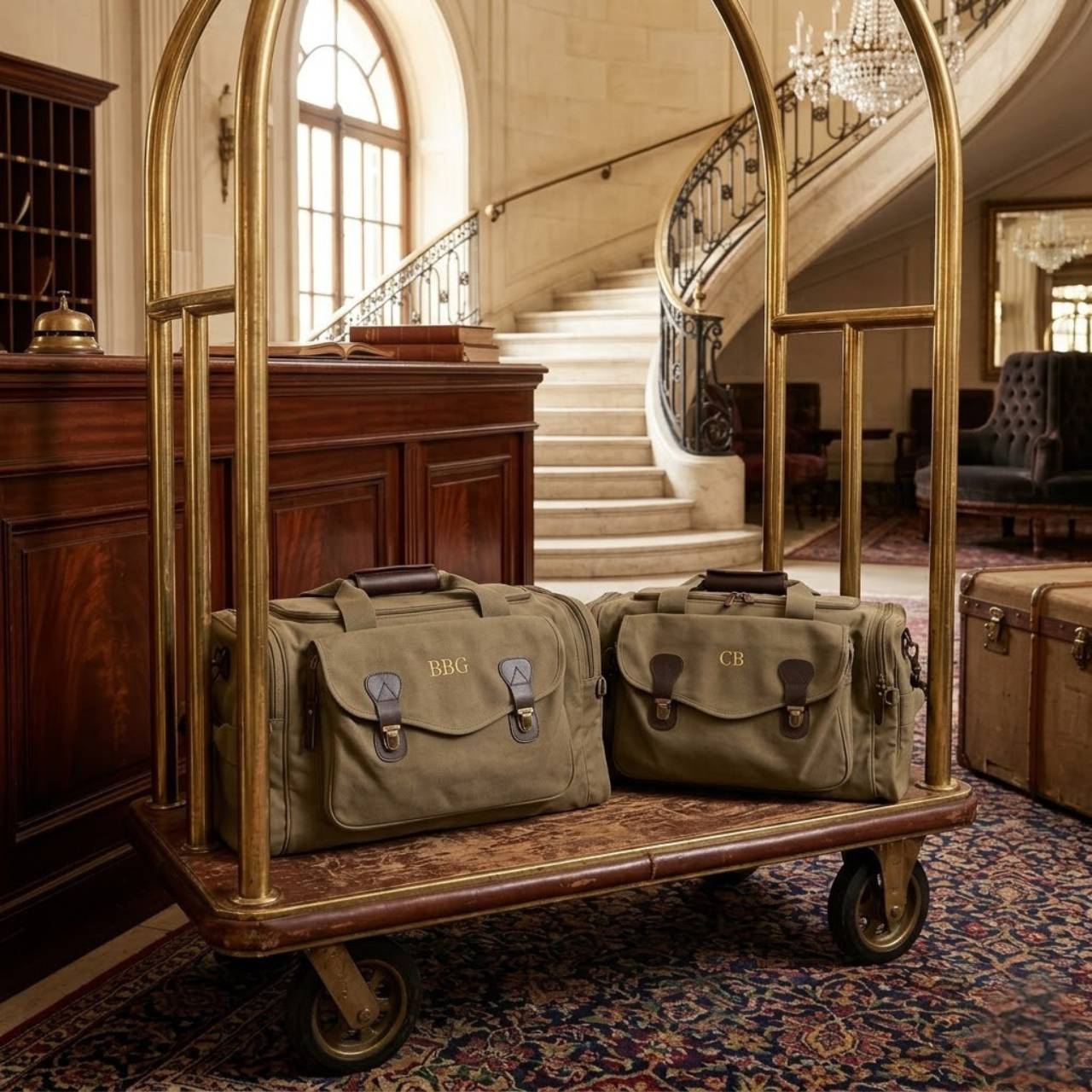 Two canvas weekender bags with leather accents displayed on vintage luggage cart, featuring sample monograms "BBG" and "CB" embroidered on front flaps