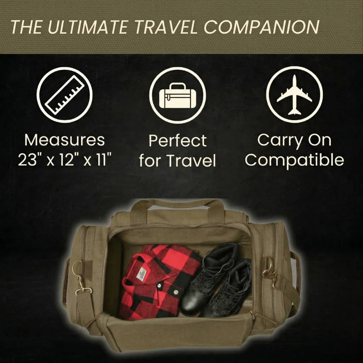 Tan canvas weekender bag displayed open showing interior capacity with sample clothing and footwear, featuring dimensions 23" x 12" x 11" and carry-on compatibility