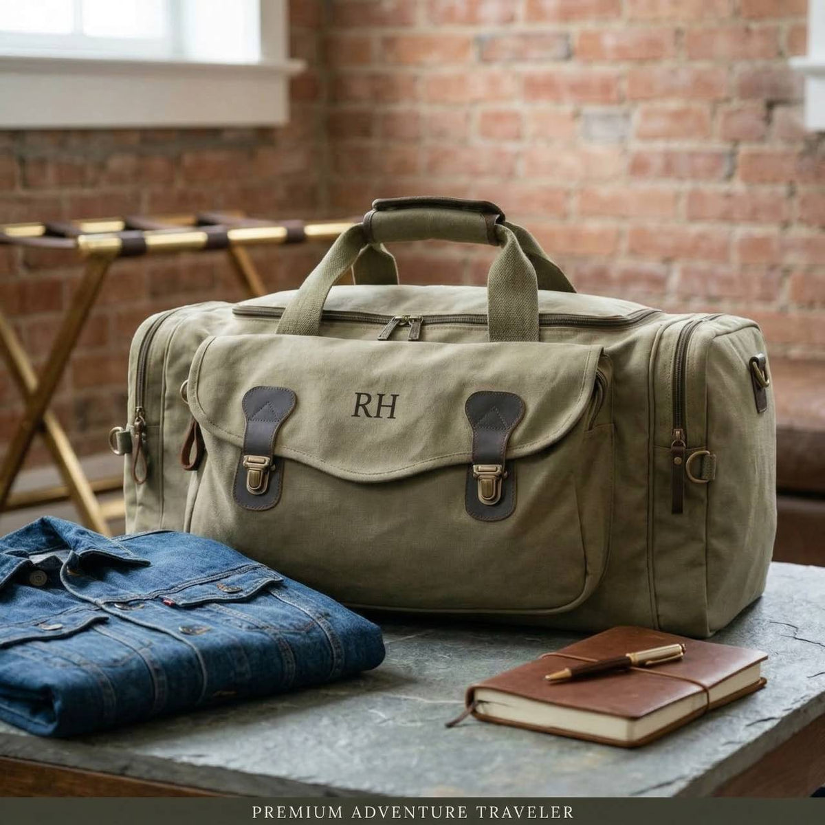 Tan canvas weekender bag with dark leather accents and brass hardware, personalized with sample initials "RH" on front flap, displayed on concrete surface with folded jeans and leather notebook