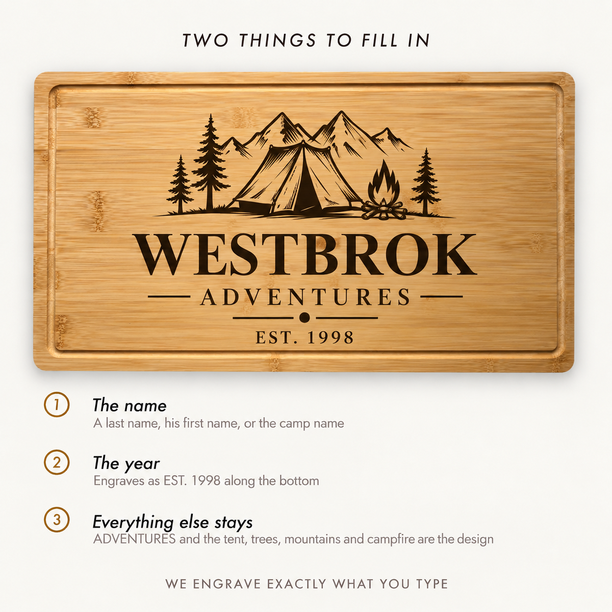 A personalized bamboo cutting board with engraved mountain, tent, trees, and campfire artwork, plus the text 'WESTBROK ADVENTURES EST. 1998.