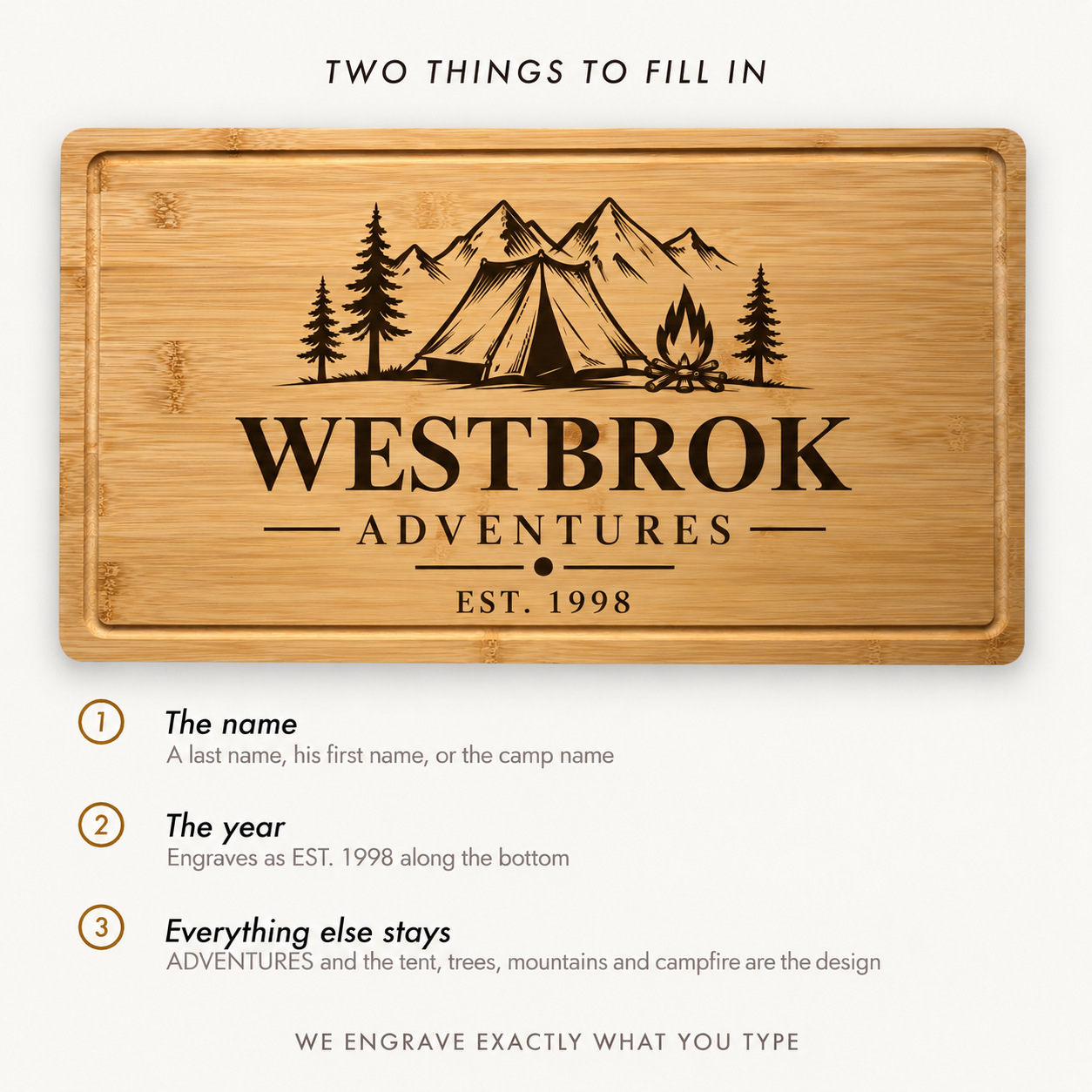 A personalized bamboo cutting board with engraved mountain, tent, trees, and campfire artwork, plus the text 'WESTBROK ADVENTURES EST. 1998.