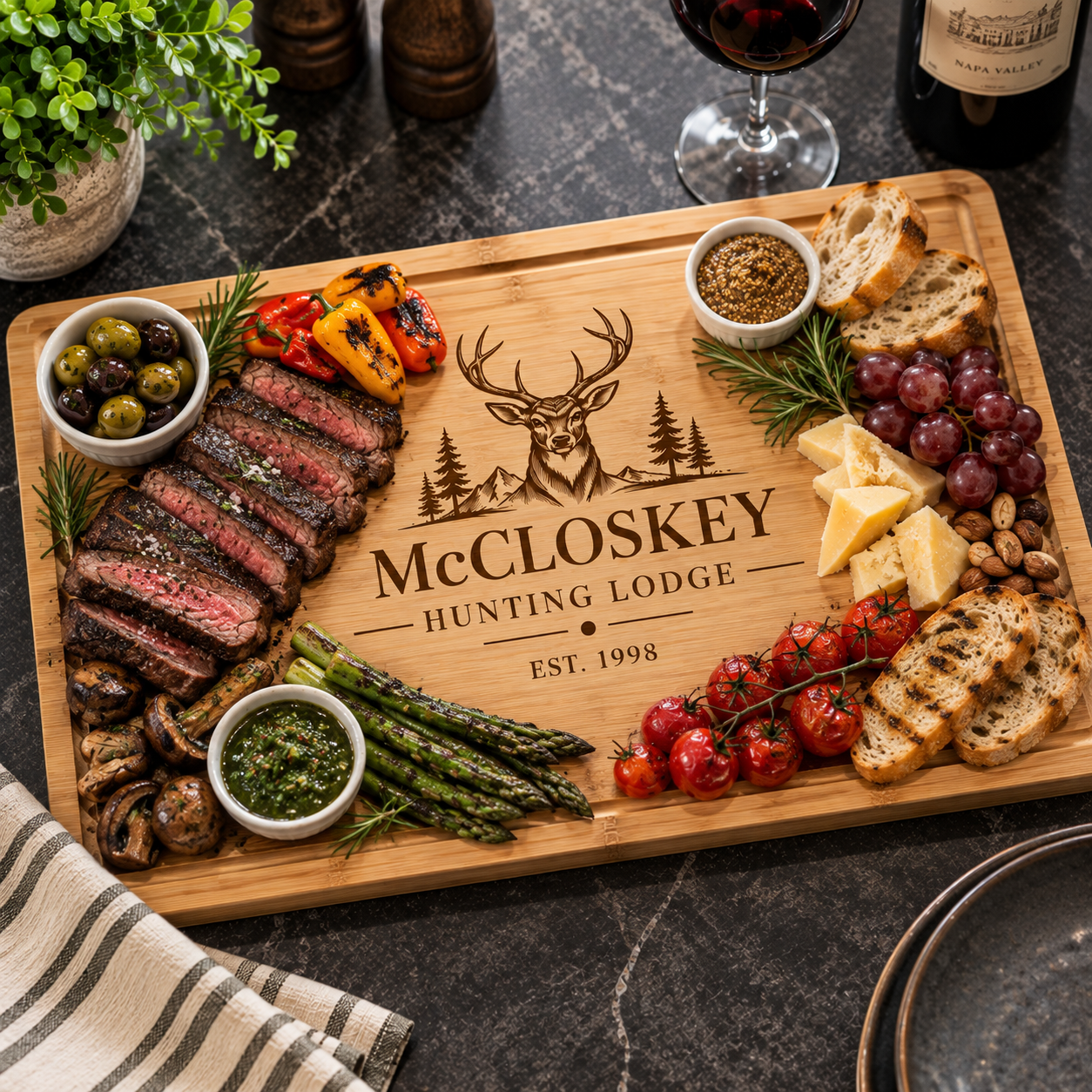 A personalized wooden charcuterie board engraved with 'McCLOSKEY HUNTING LODGE EST. 1998' and a deer silhouette, styled with sliced steak, bread, cheese, grapes, olives, asparagus, mushrooms, and sauces on a dark stone tabletop.