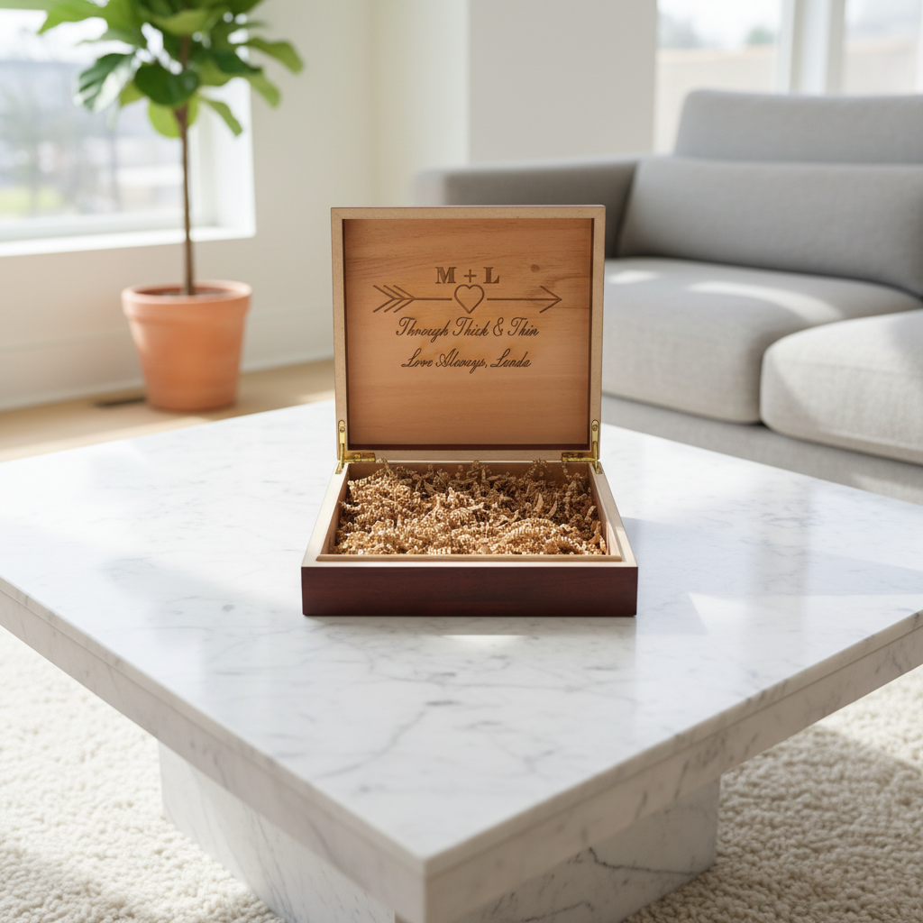 Wooden jewelry box with engraved initials on a marble coffee table in a living room.